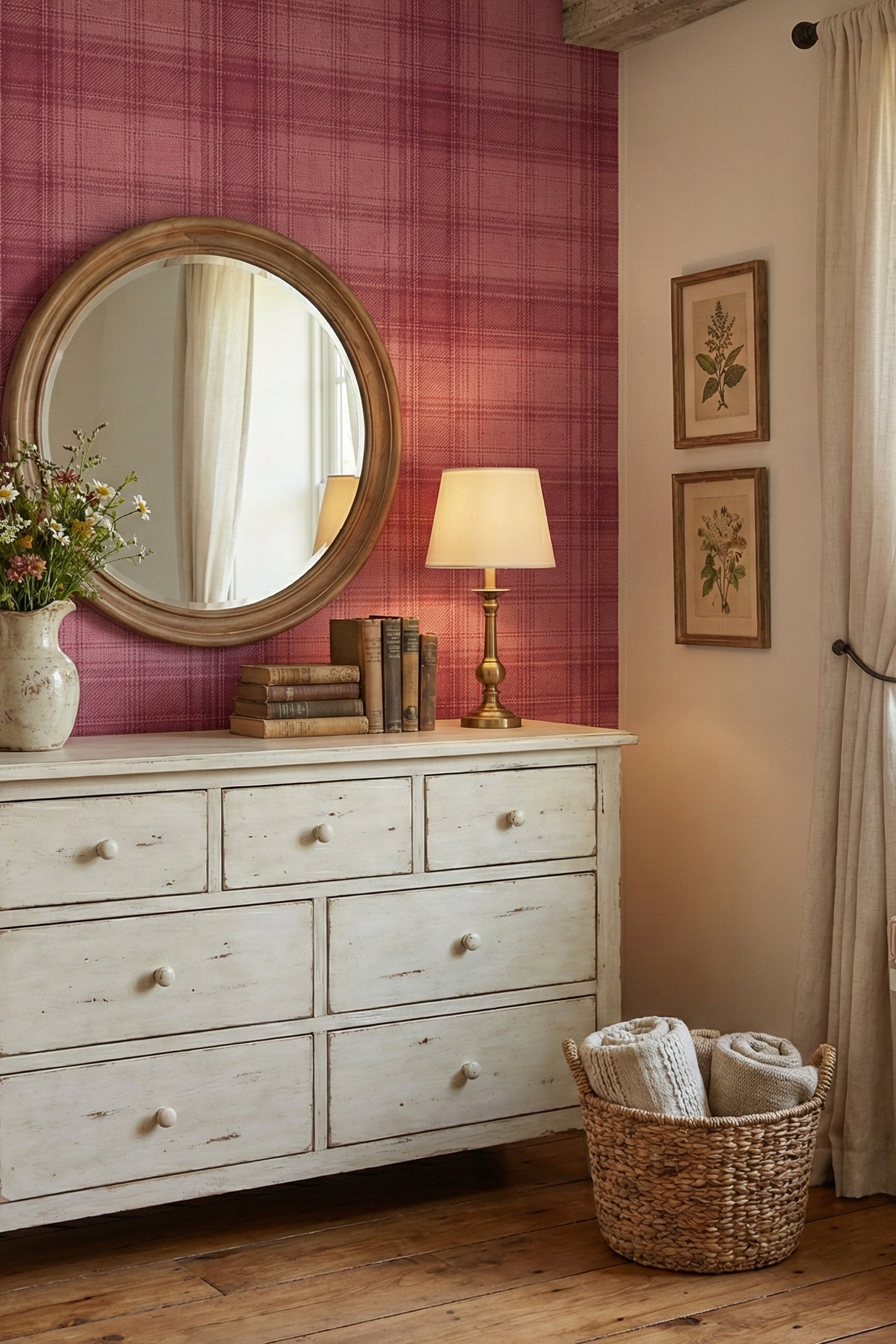 Pink Flannel wallpaper shown in a bedroom