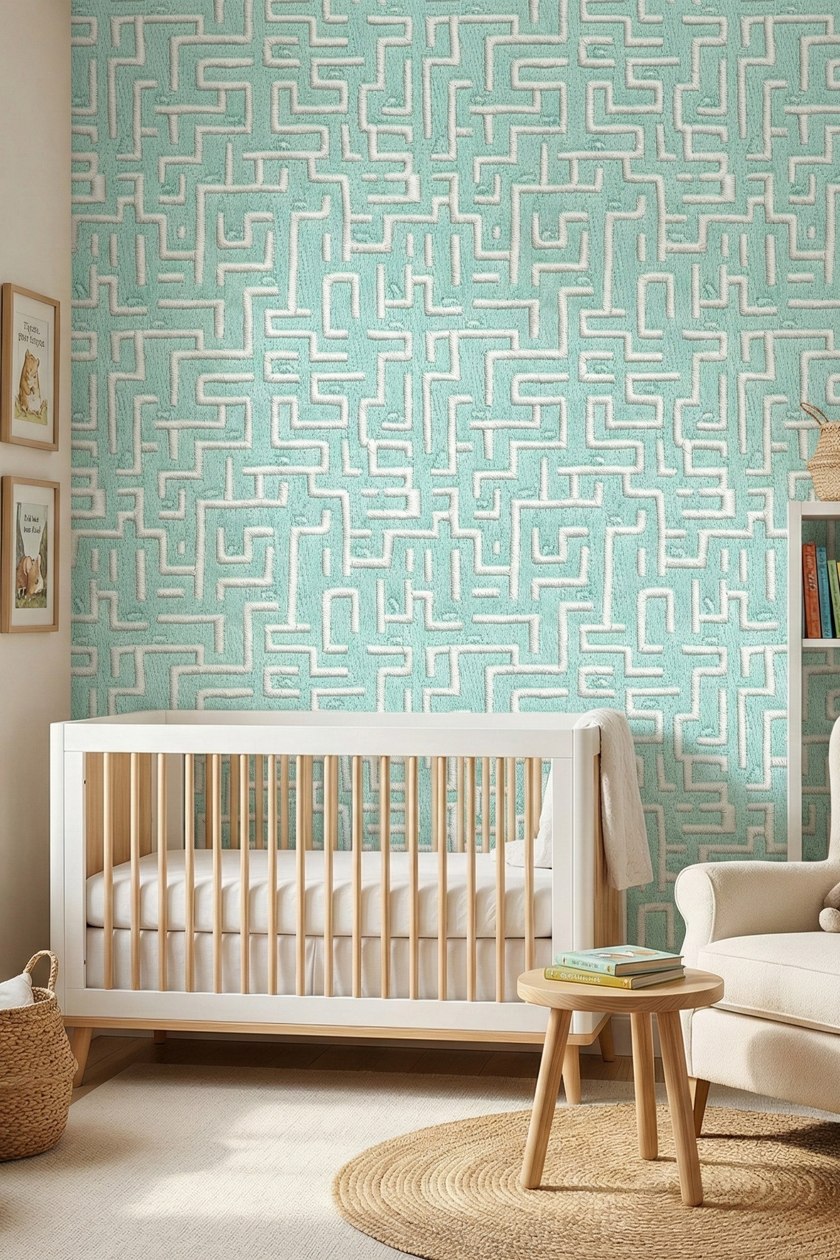 Mint Maze wallpaper shown in a nursery