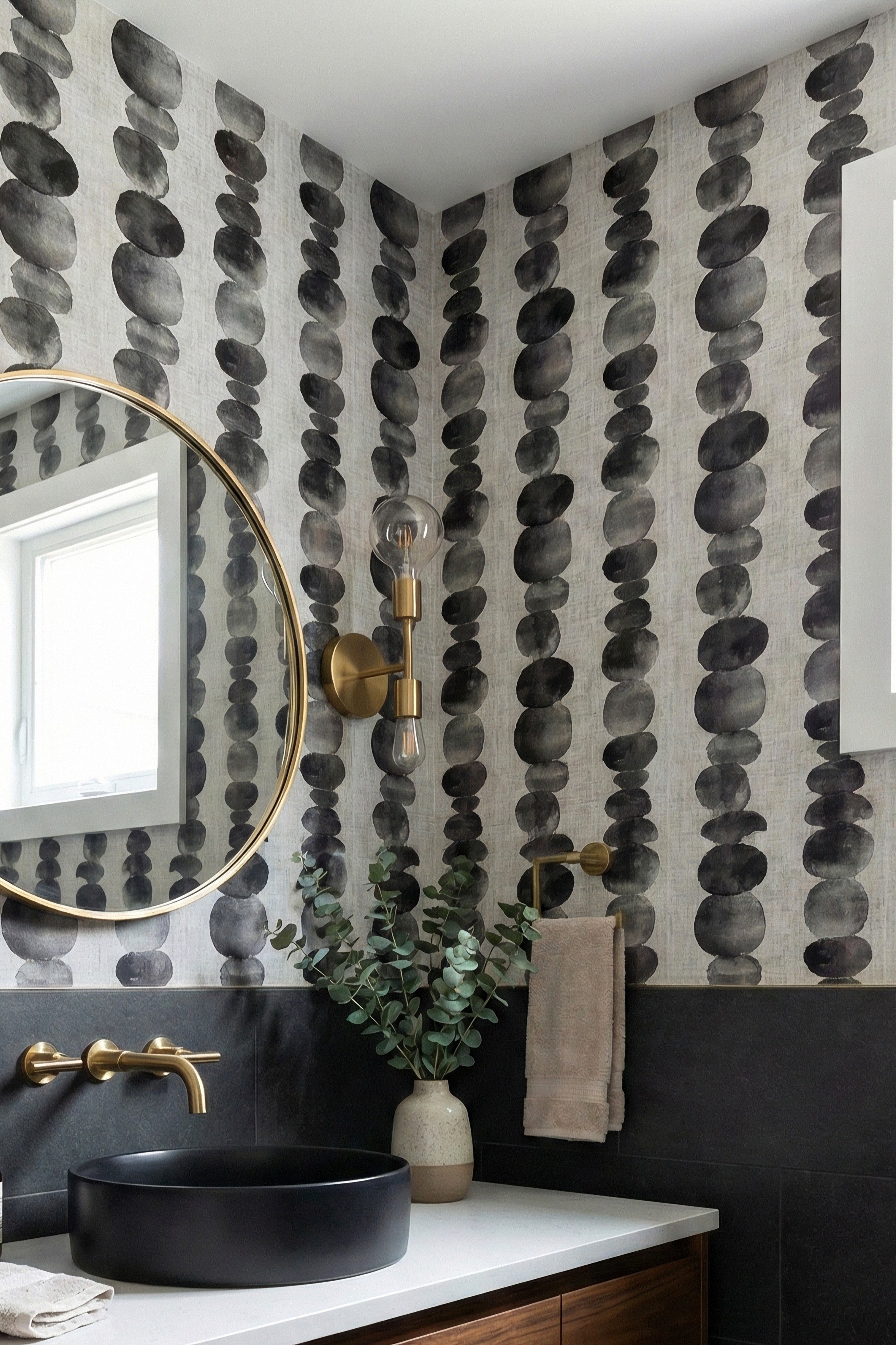 Ink Drops wallpaper shown in a powder room