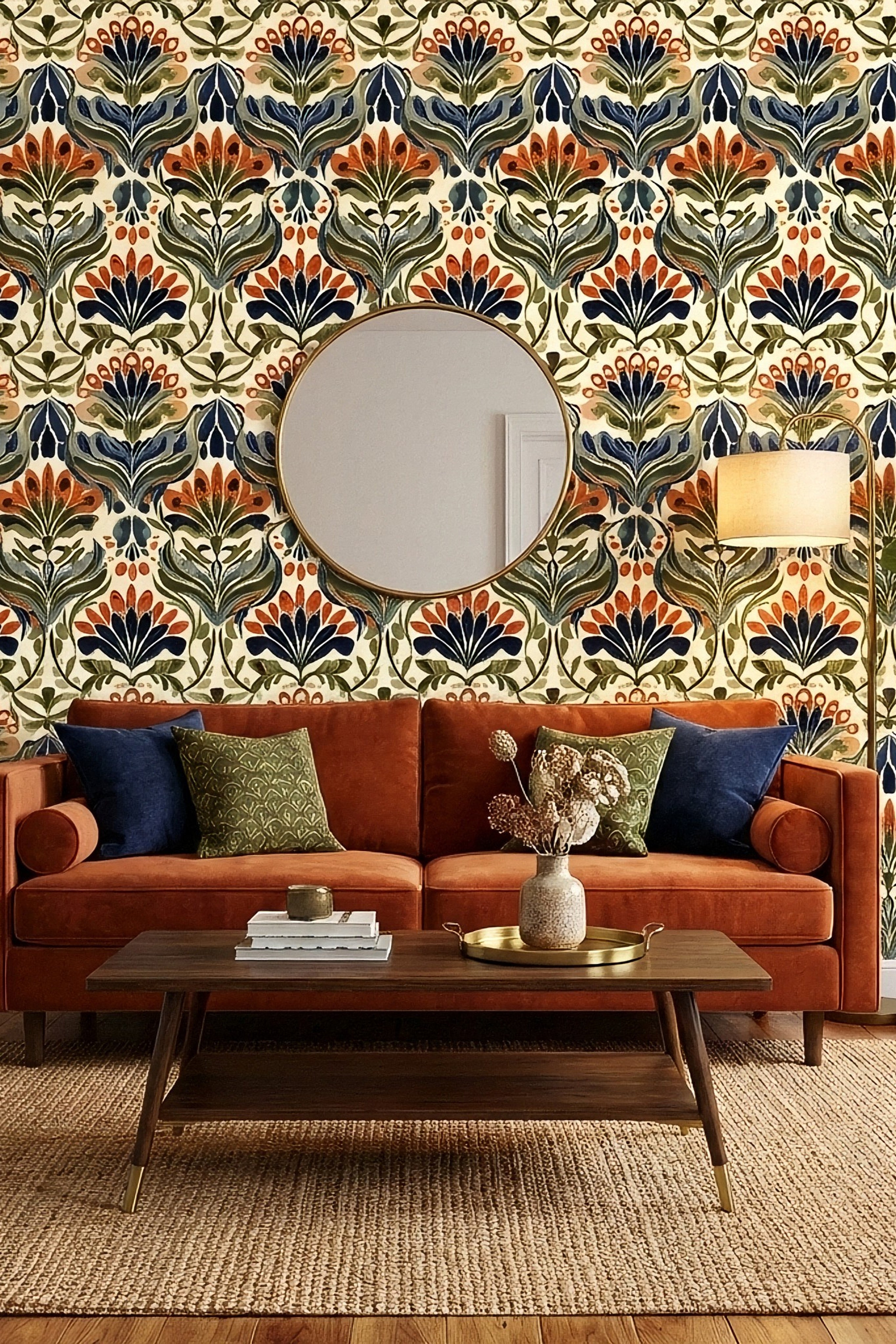 Nouveau Peacock wallpaper shown in a living room