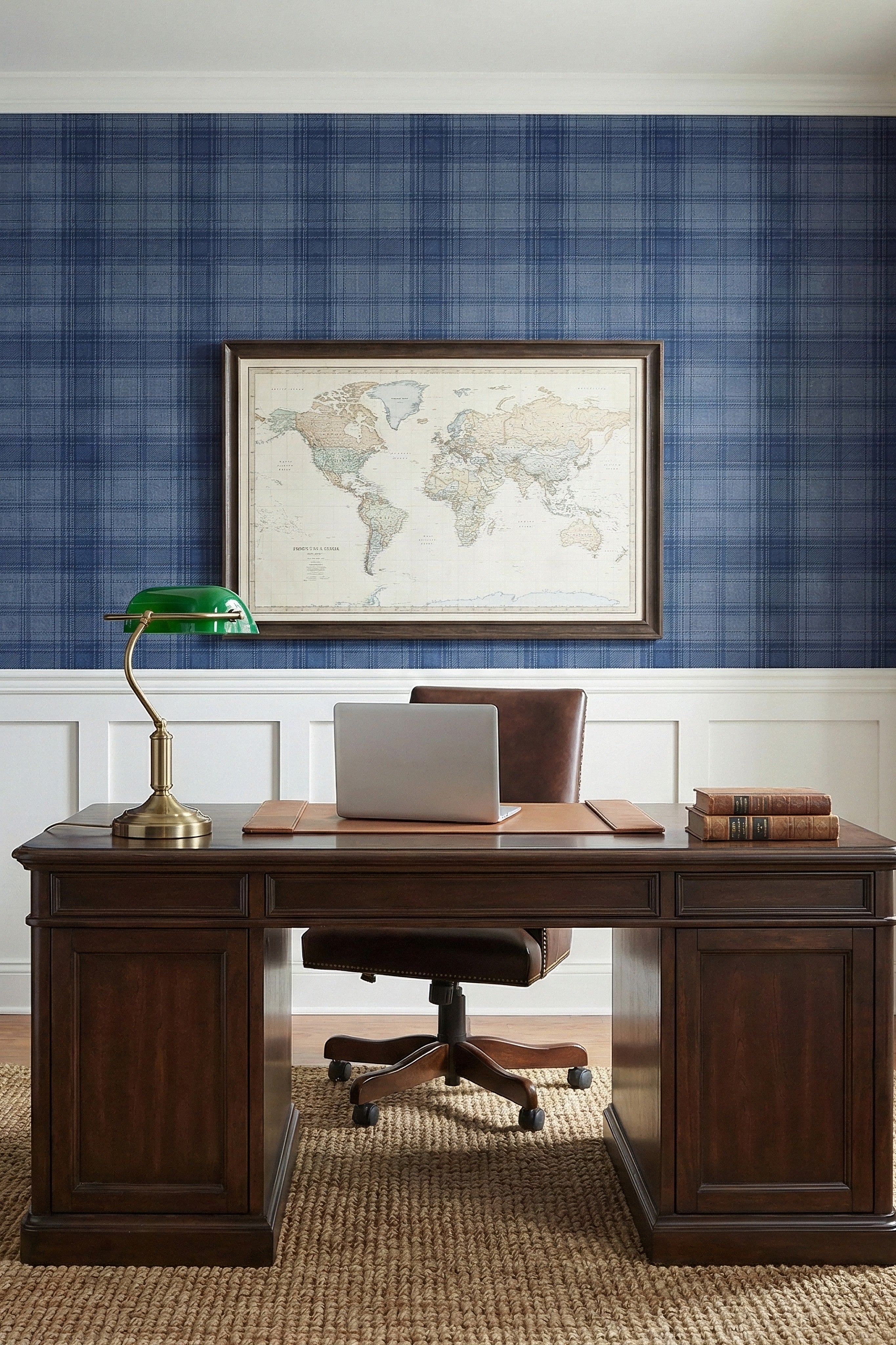 Navy Flannel wallpaper shown in a home office