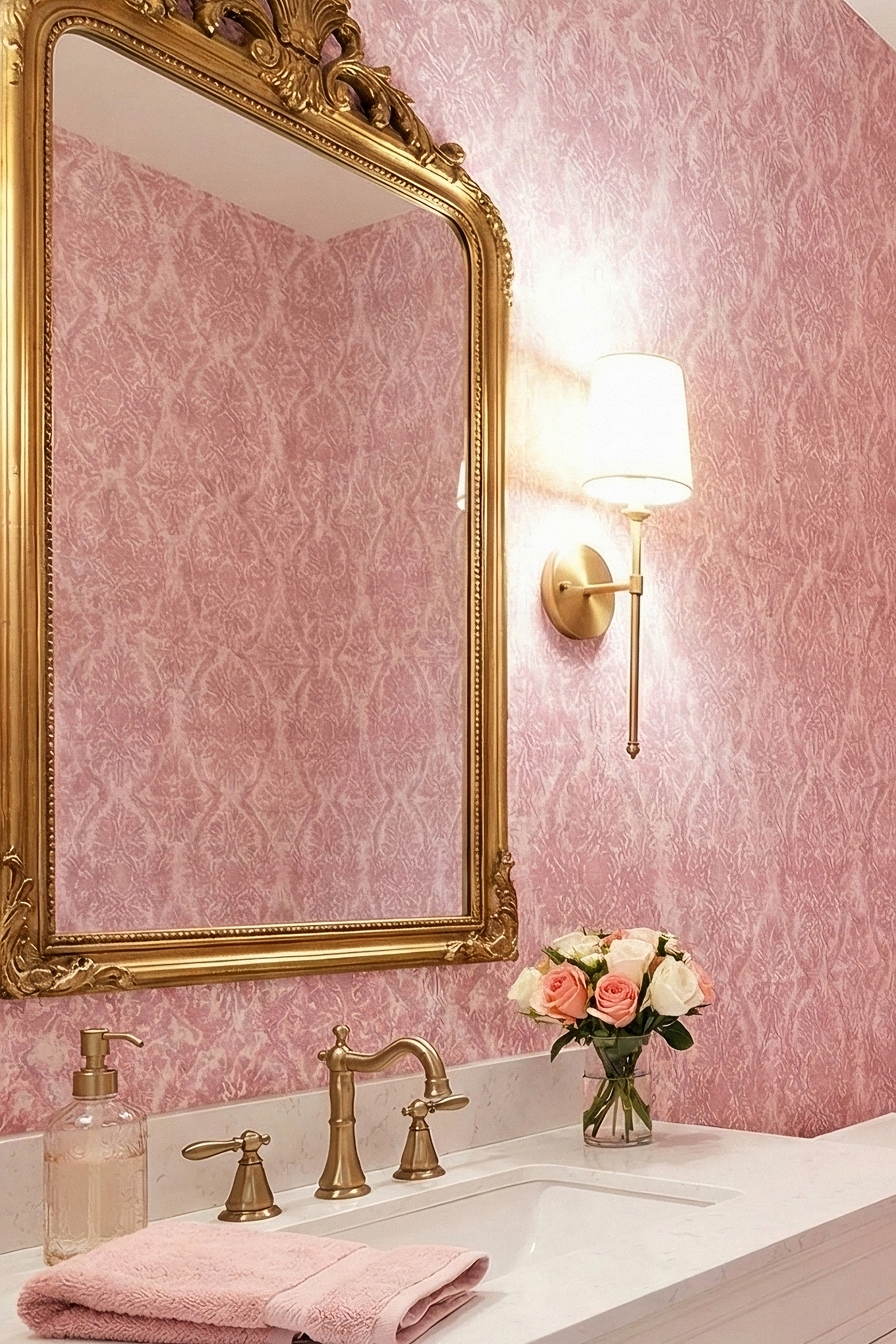 Rose Damask wallpaper shown in a powder room