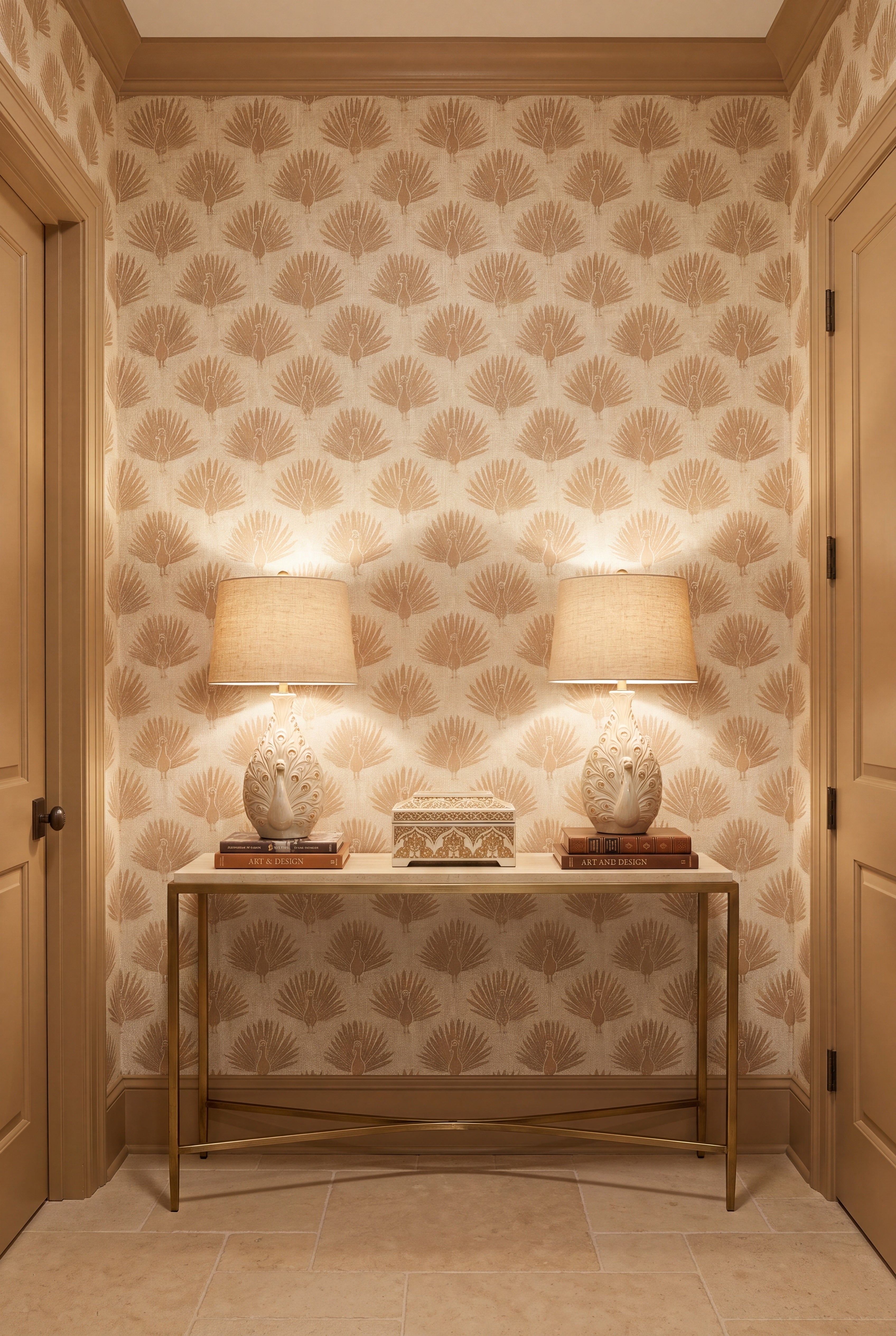 Golden Peacock wallpaper shown in an entryway