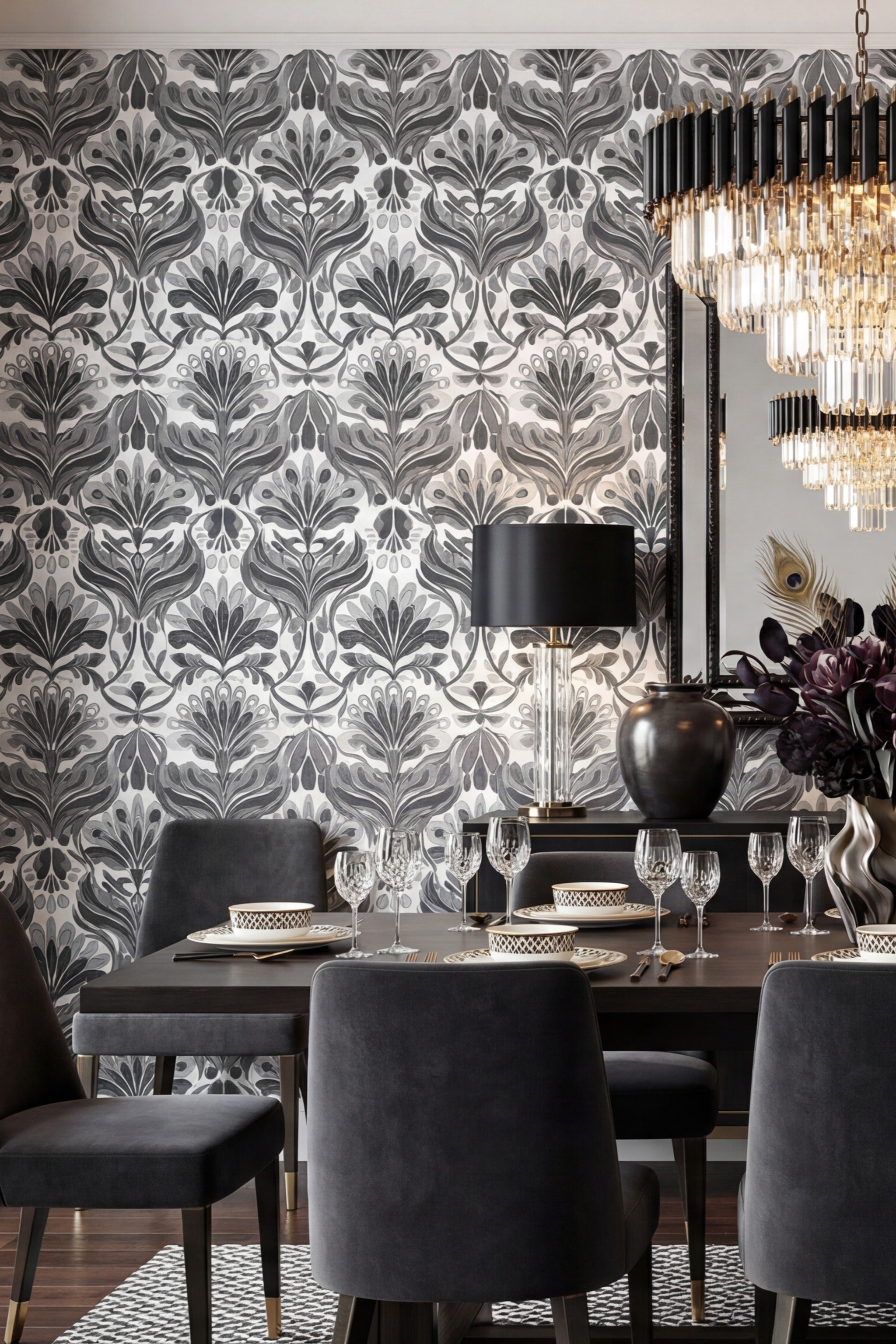 Nouveau Noir wallpaper shown in a dining room
