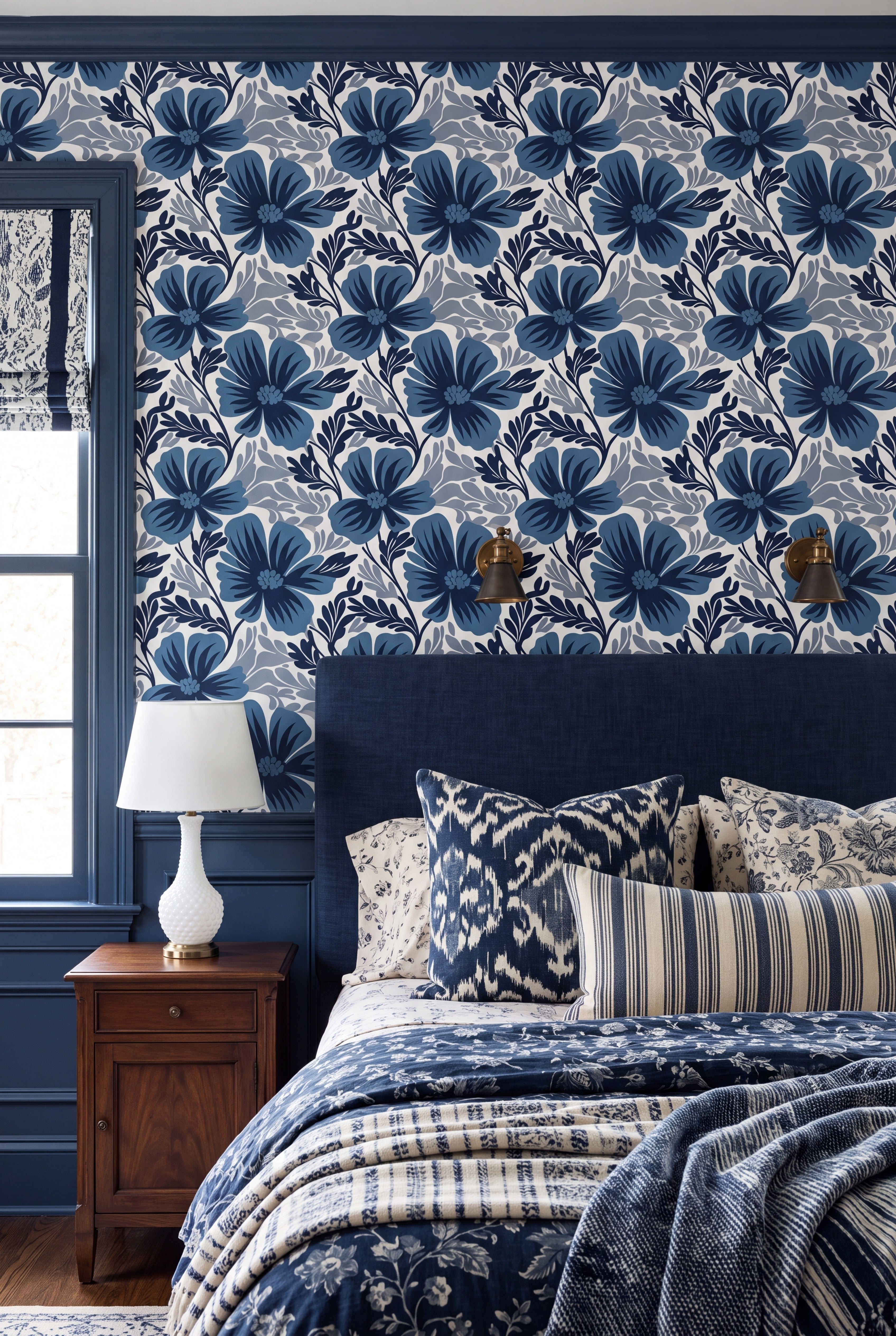 Midnight Tropics wallpaper shown in a bedroom