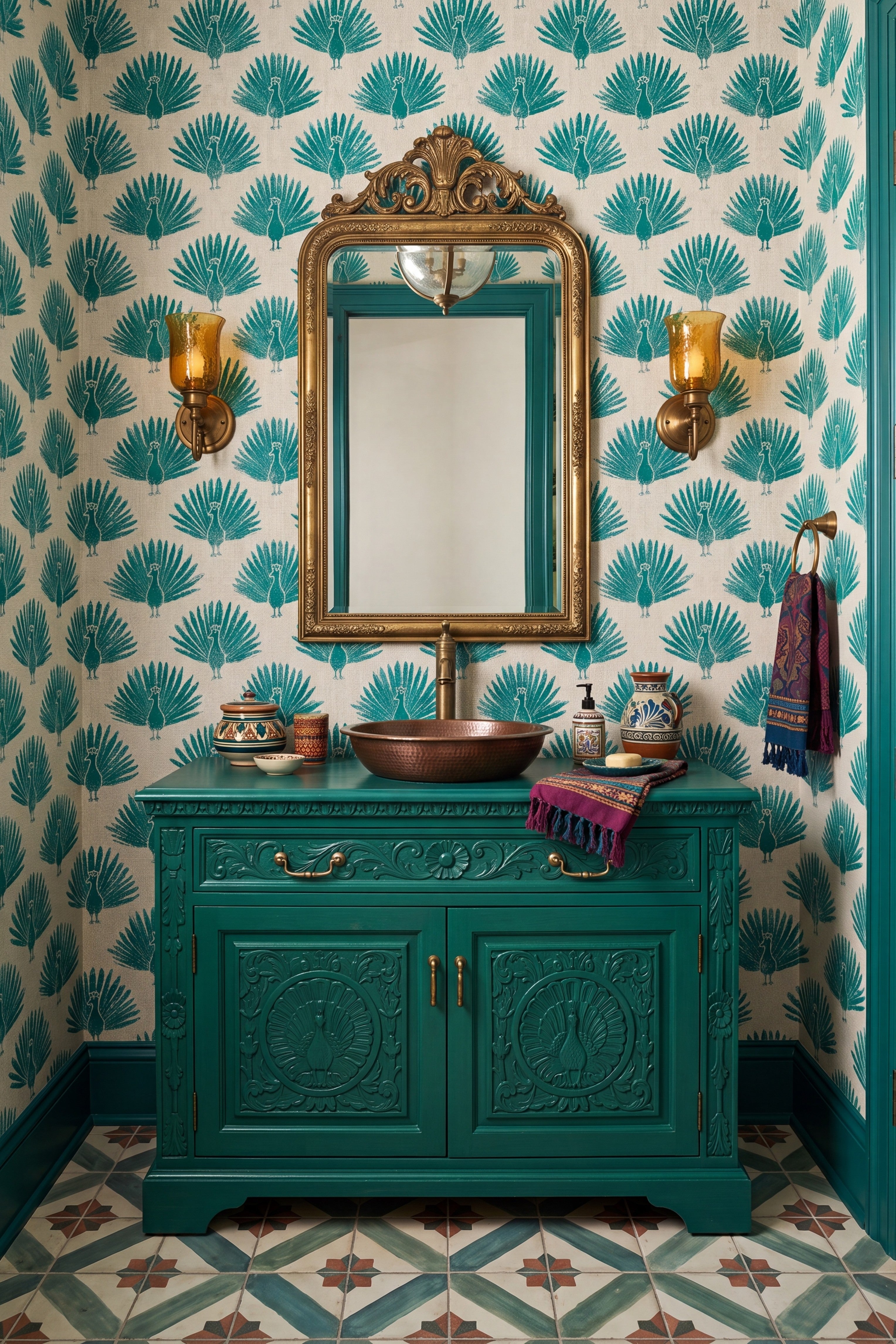 Fern Peacock wallpaper shown in a powder room