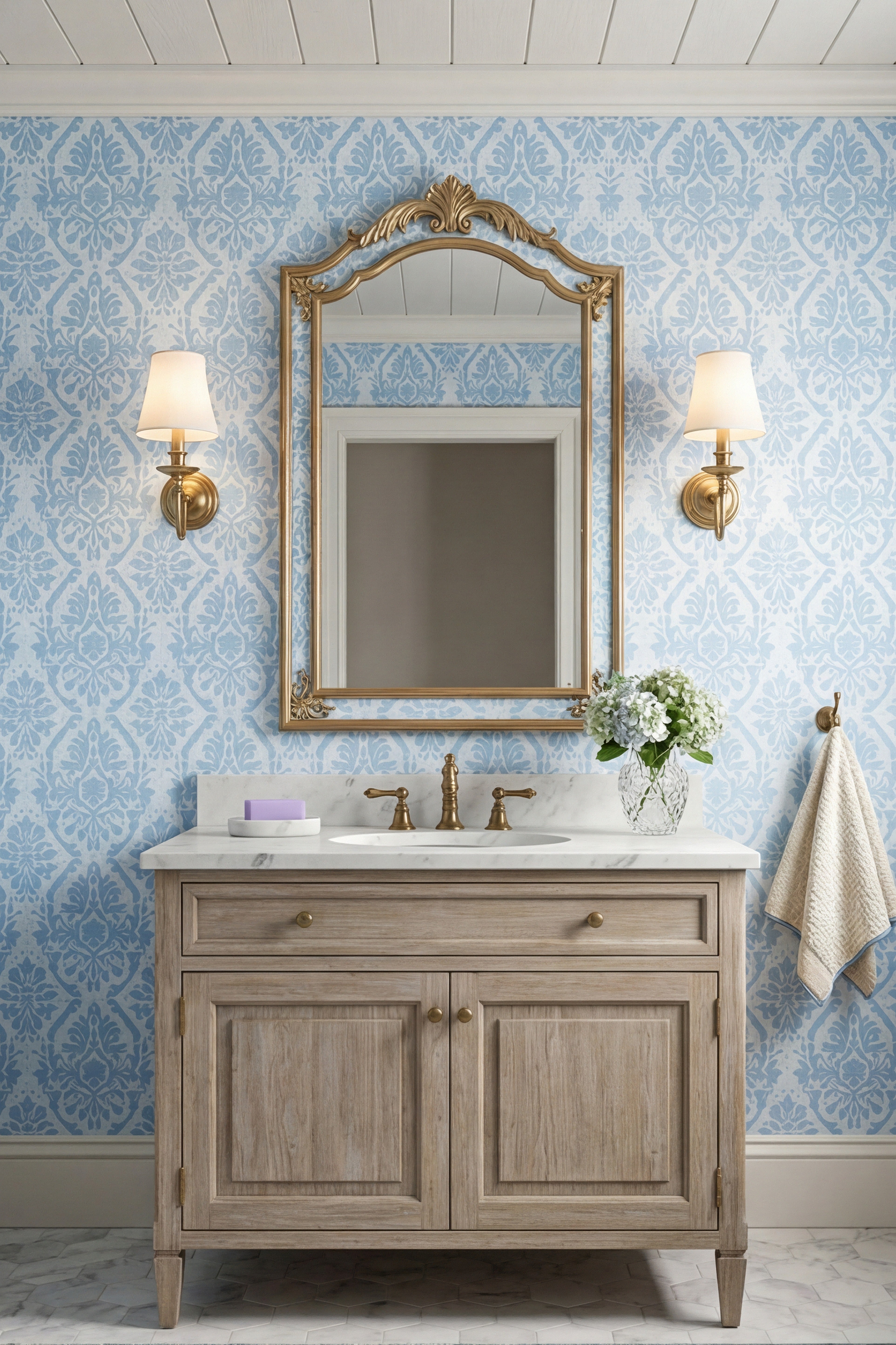 Morris Blue wallpaper shown in a powder room