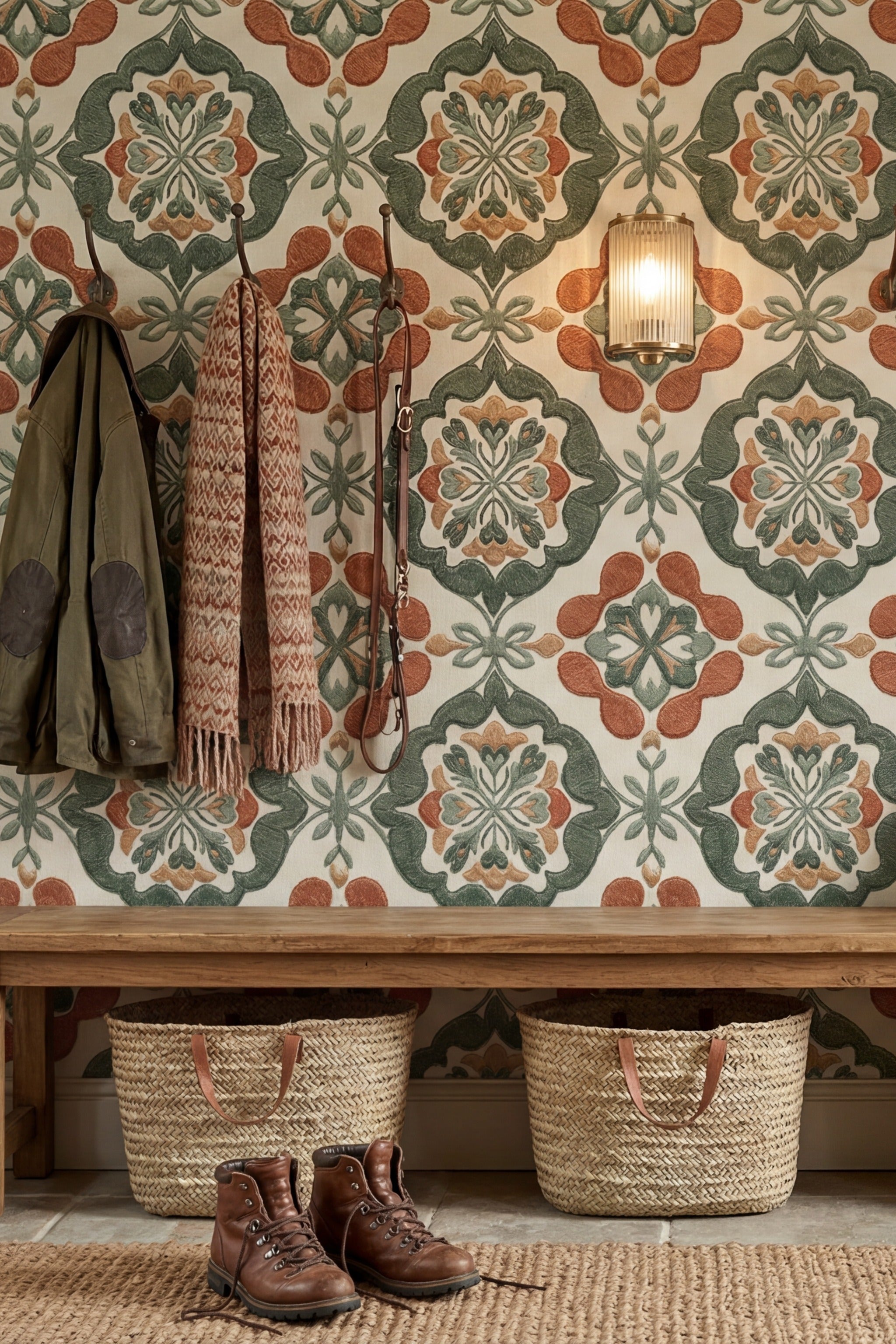 Sage Medina wallpaper shown in a mudroom