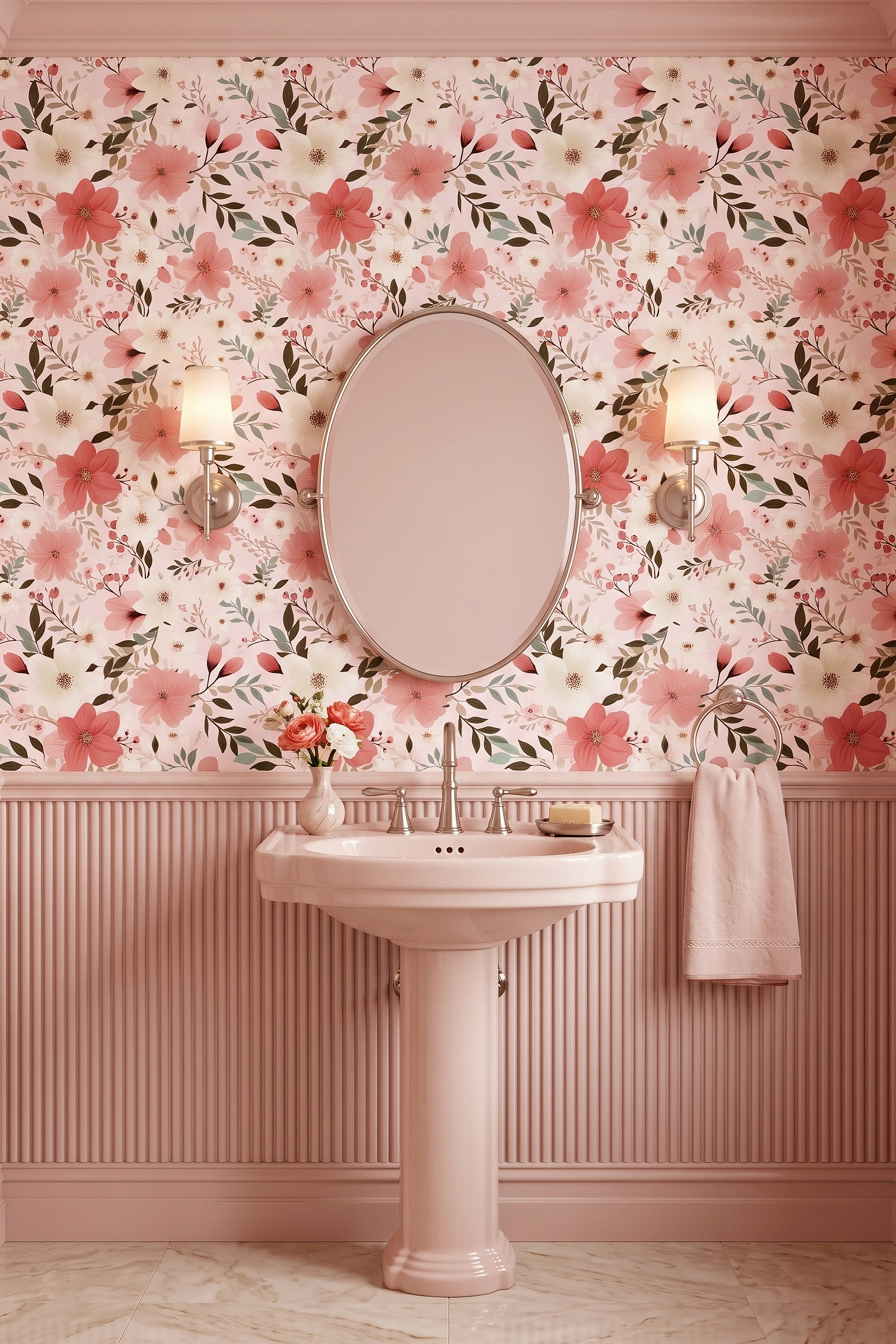 Rosie Posy wallpaper shown in a powder room