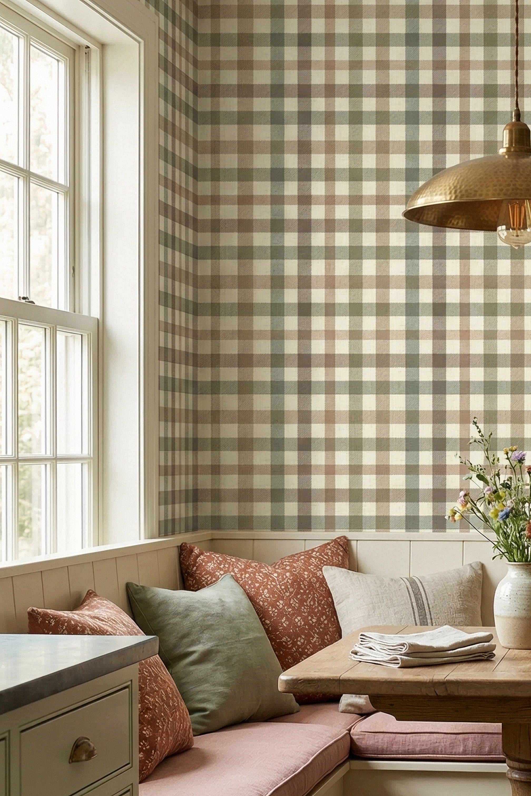 Market Gingham wallpaper shown in a cozy nook