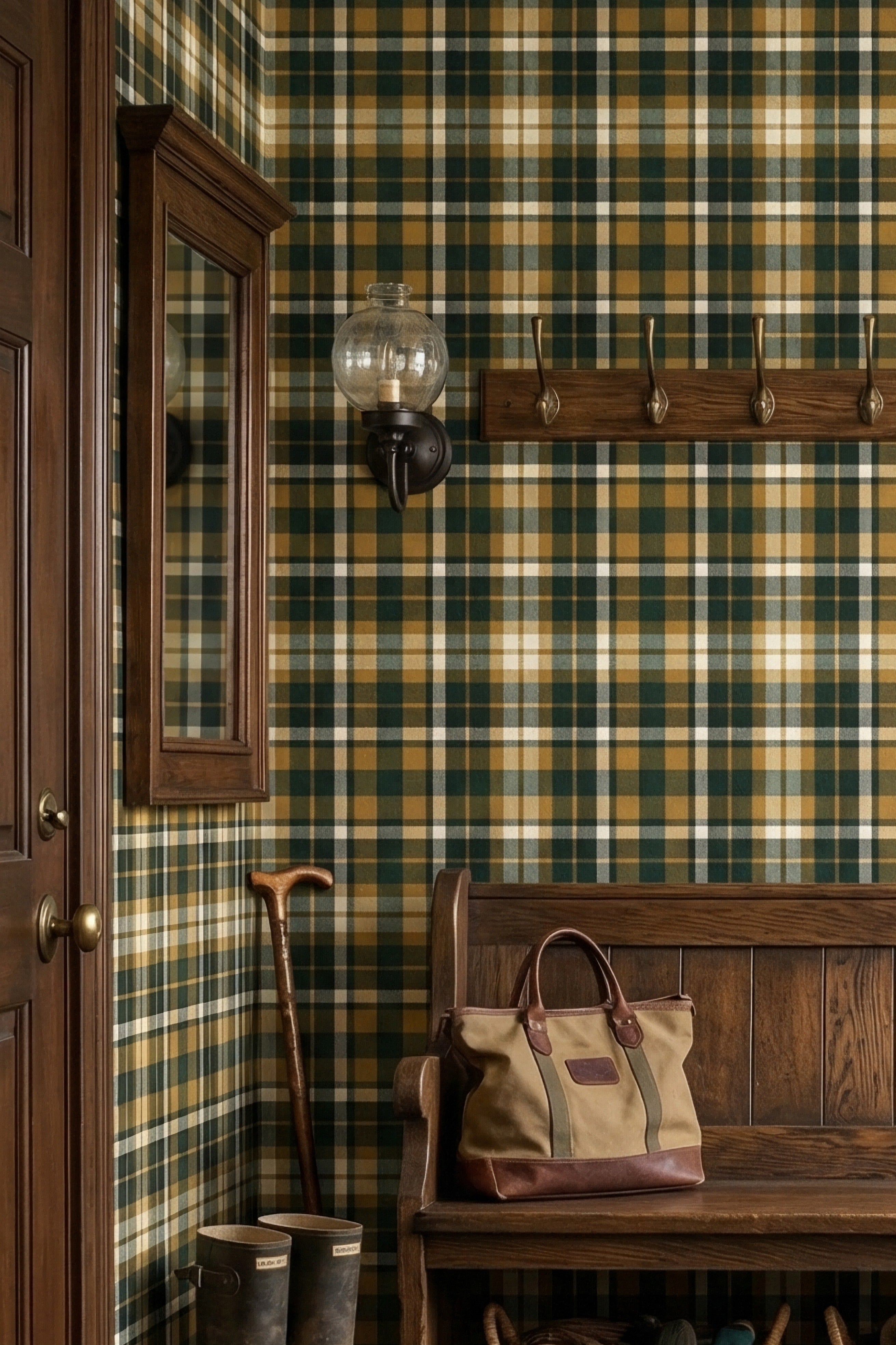 Autumn Tartan wallpaper shown in a mudroom
