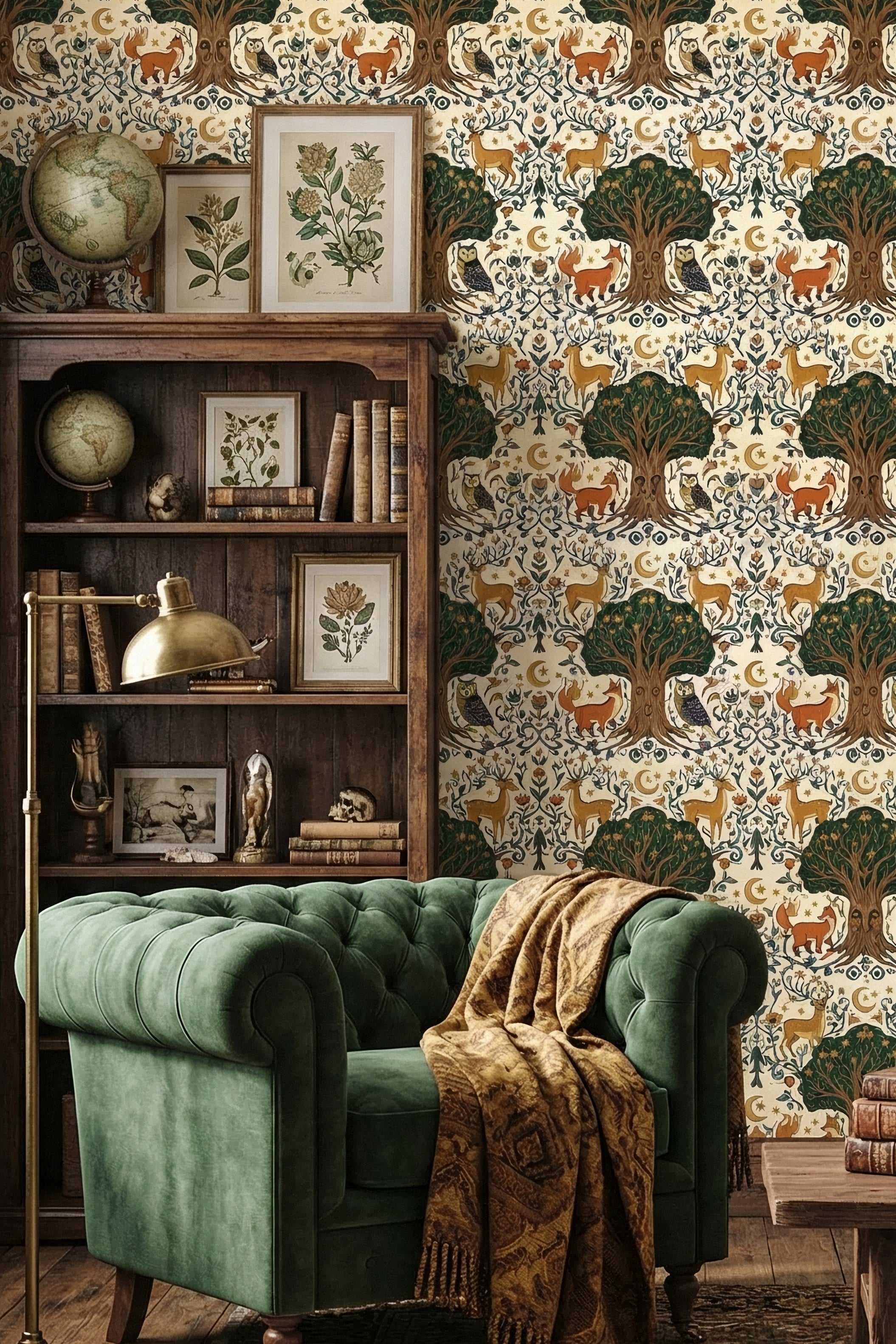 Woodland Lullaby wallpaper shown in a reading corner