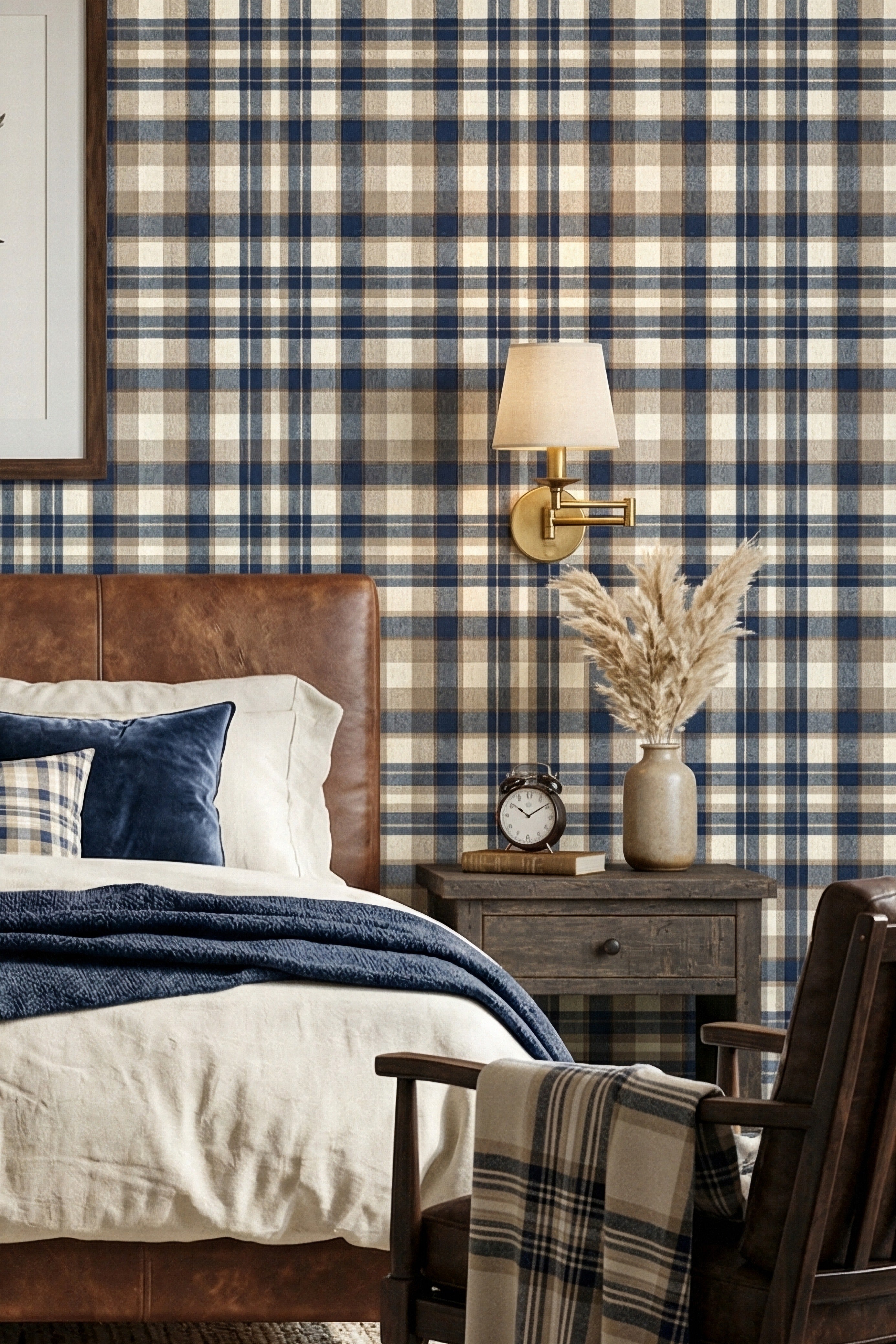 Cottage Plaid wallpaper shown in a bedroom