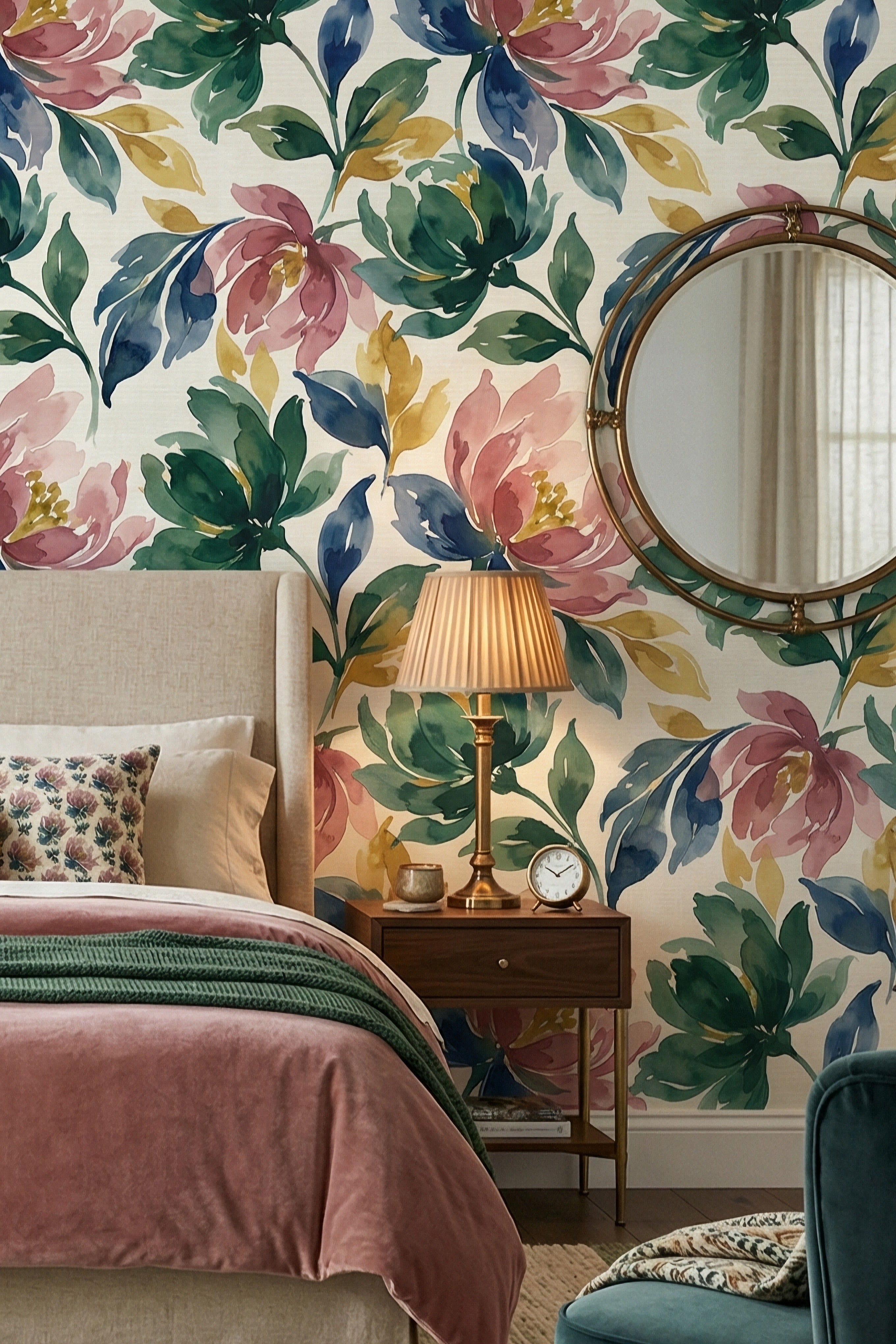 Wildflower Parade wallpaper shown in a bedroom