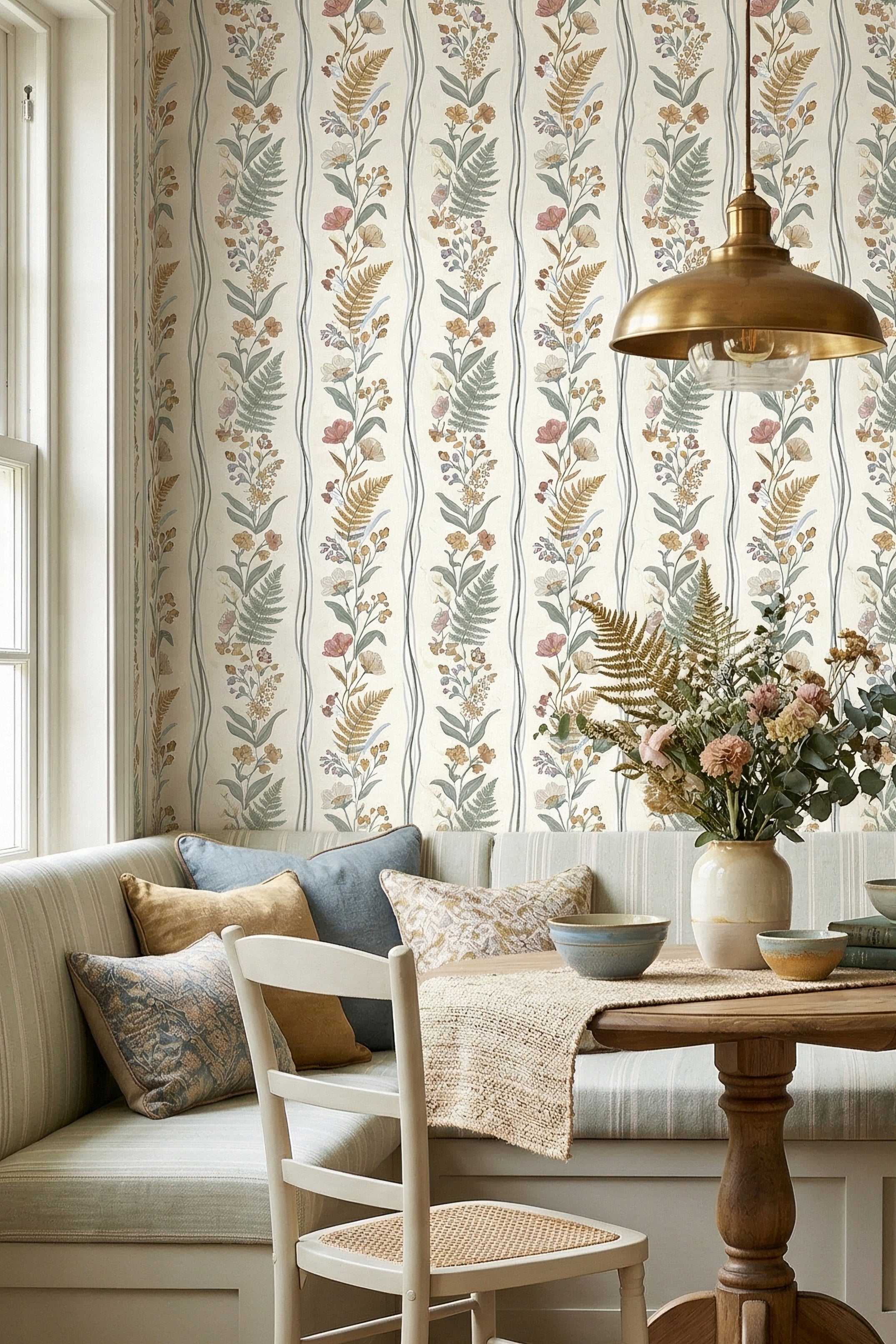 English Posy wallpaper shown in a cozy nook