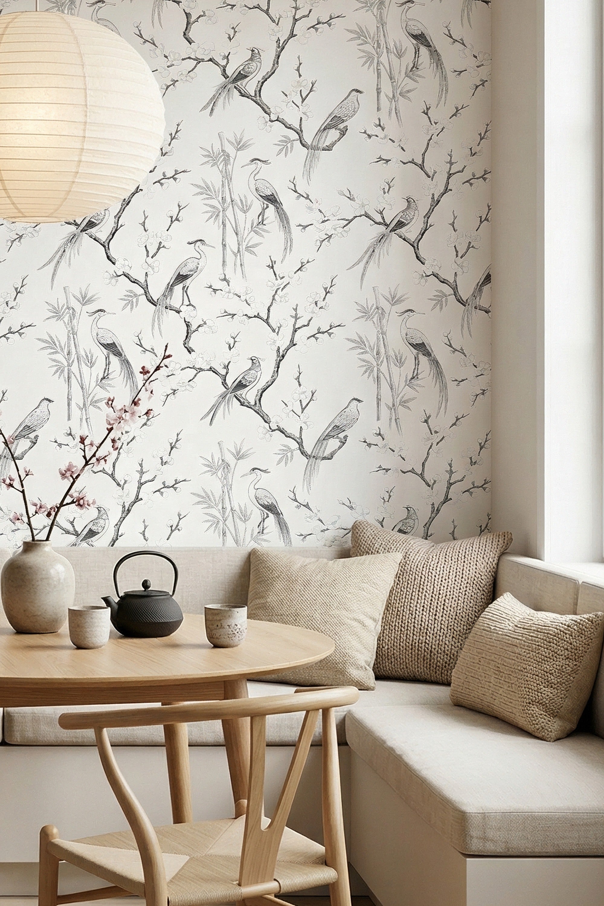 Ink Crane wallpaper shown in a cozy nook