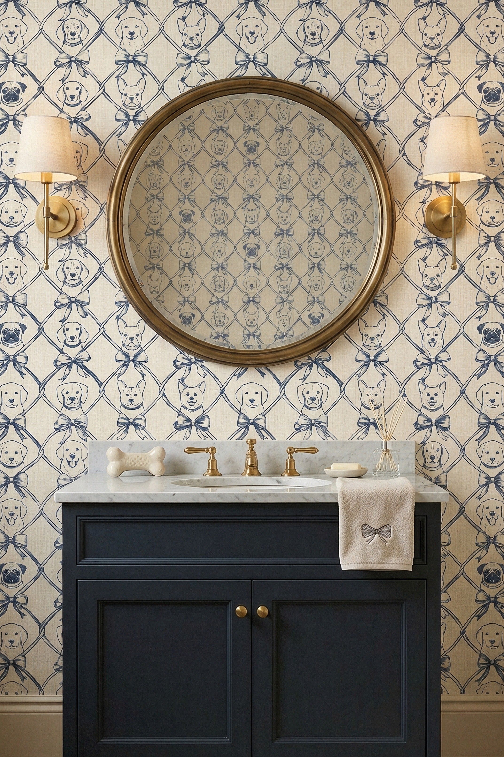 Puppy Toile wallpaper shown in a powder room