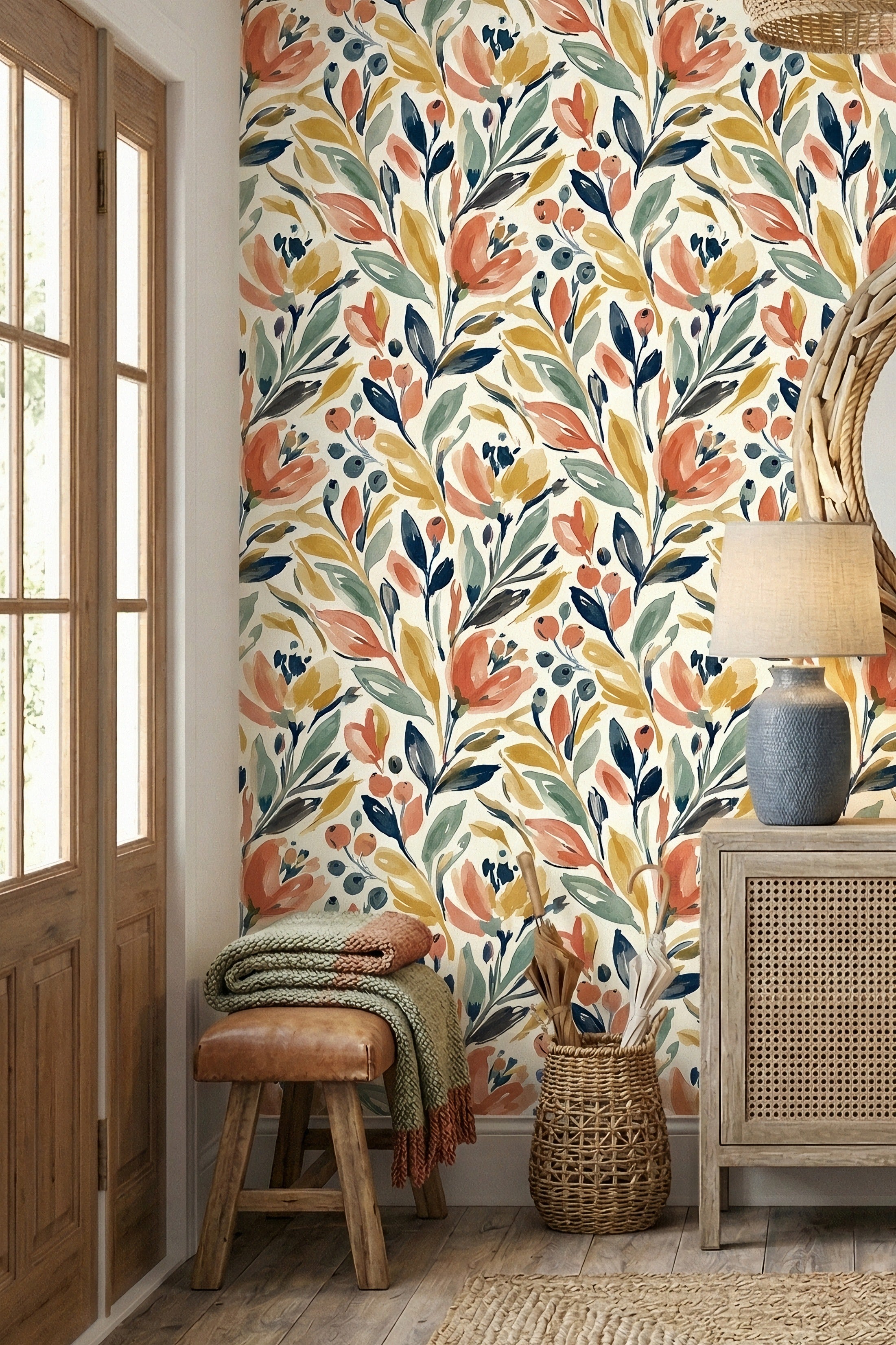 Seaside Wildflower wallpaper shown in an entryway