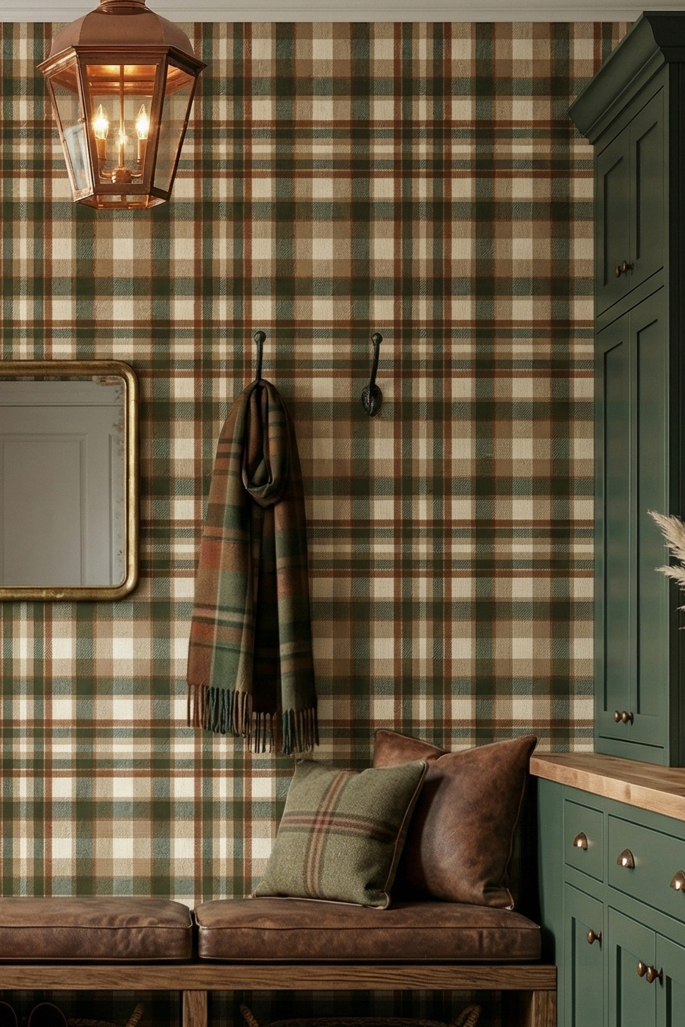 Lodge Flannel wallpaper shown in a mudroom