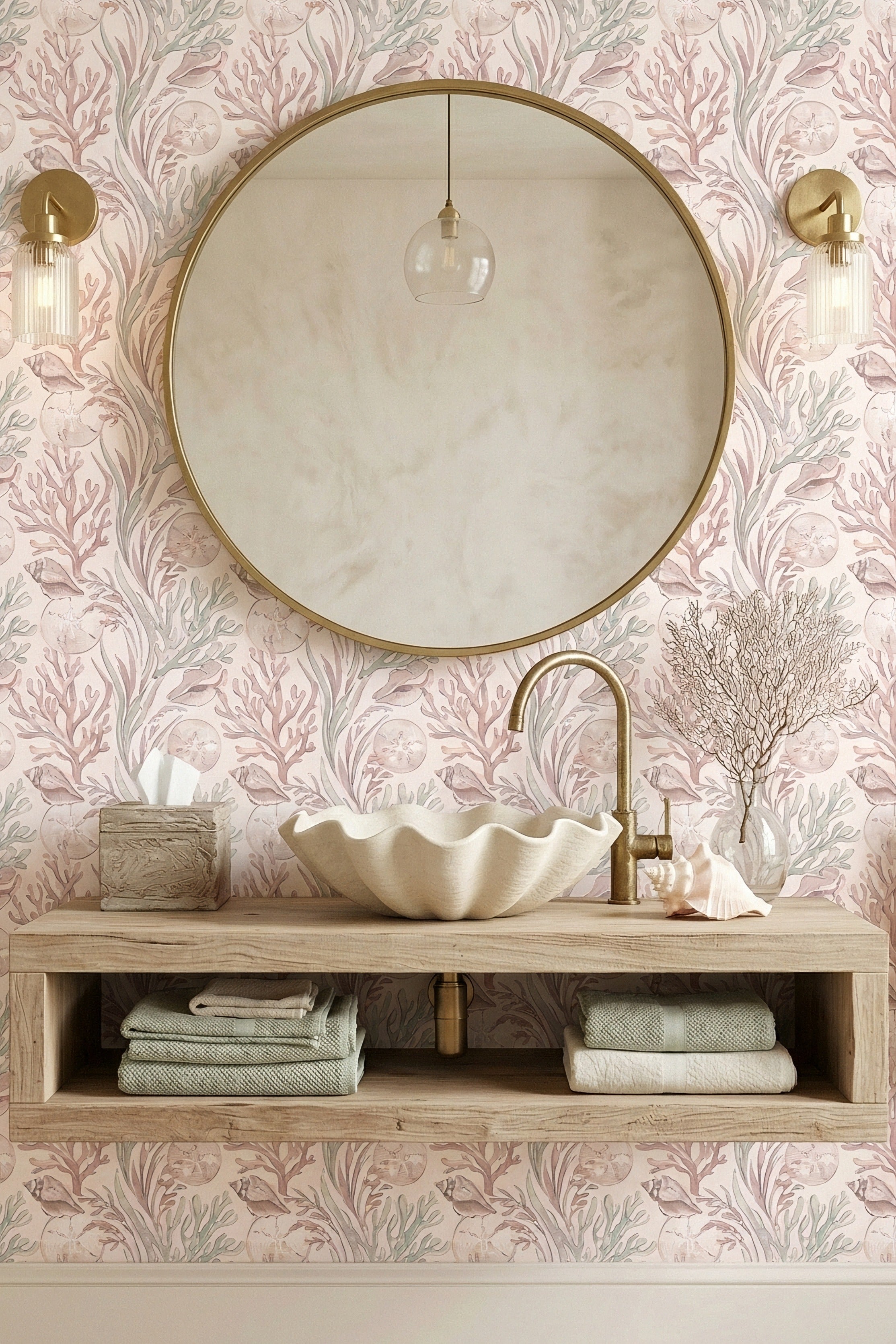 Shell Collector wallpaper shown in a powder room