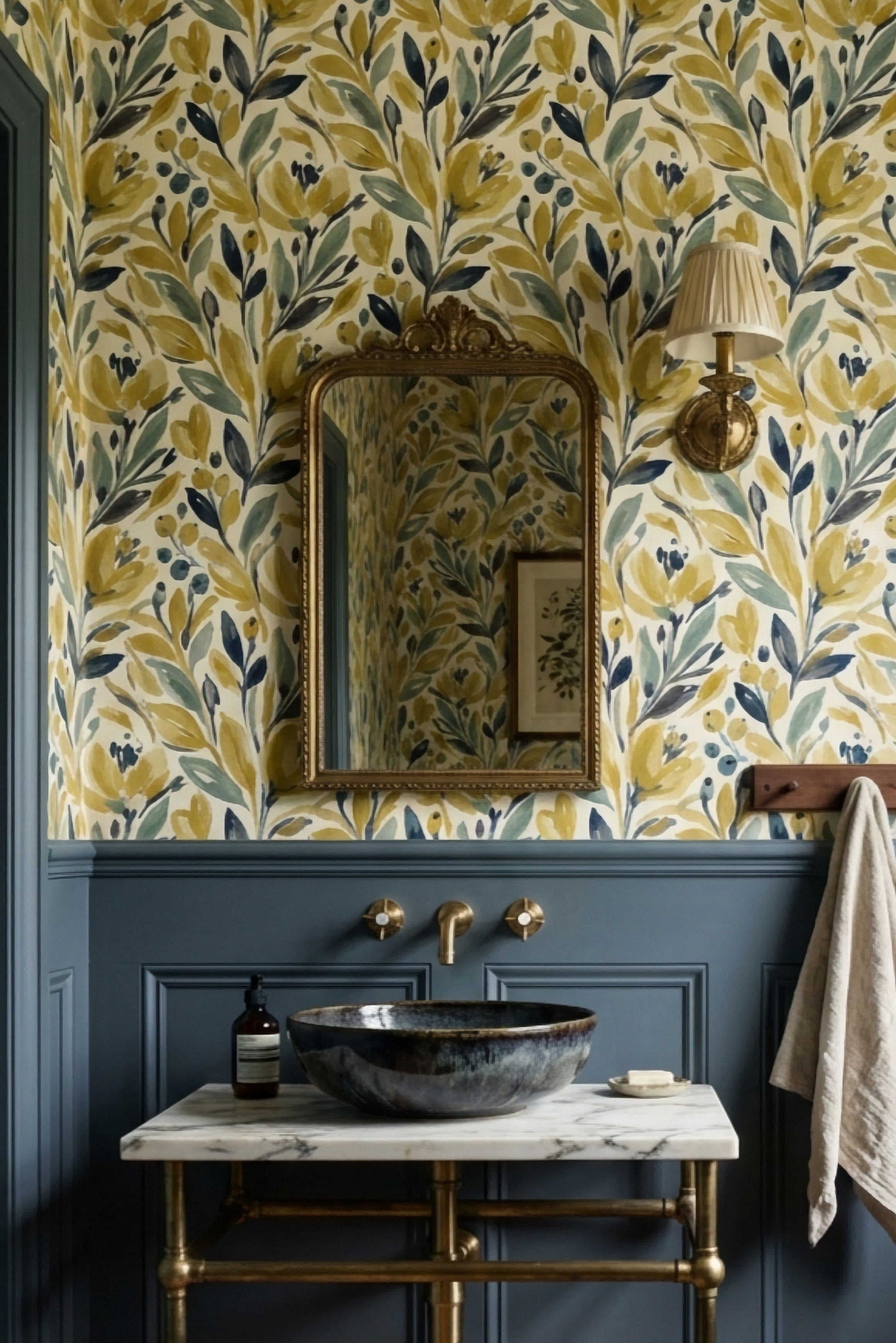 Golden Meadow wallpaper shown in a powder room