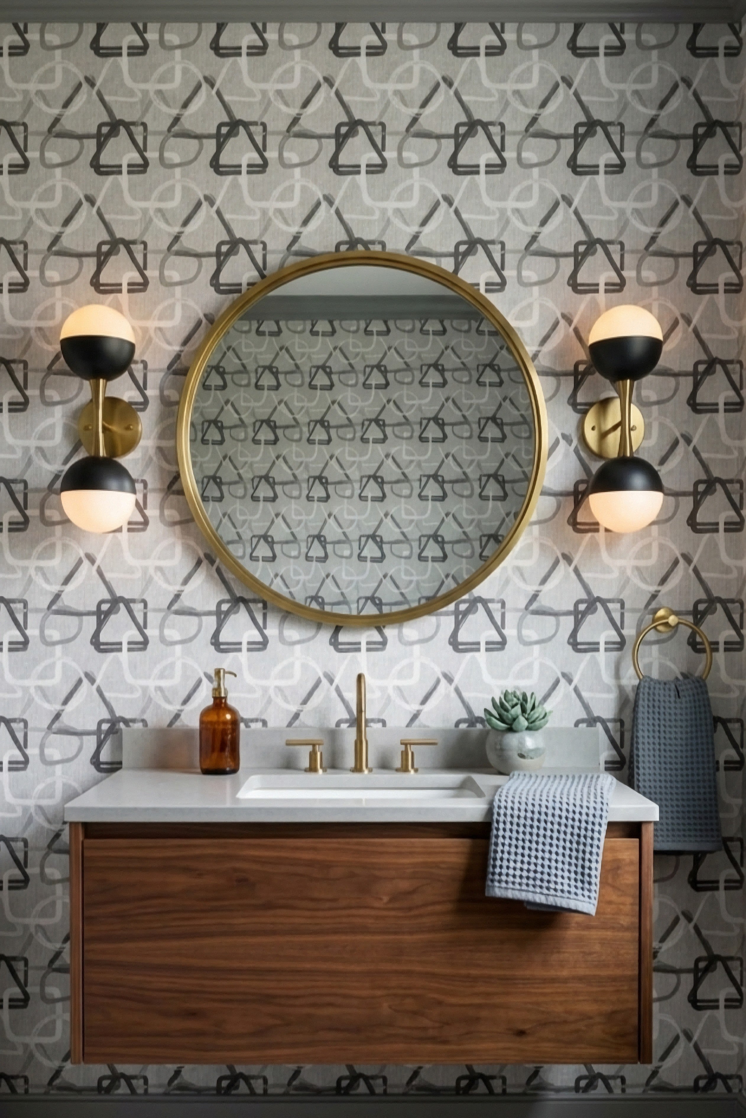 Graphite wallpaper shown in a powder room