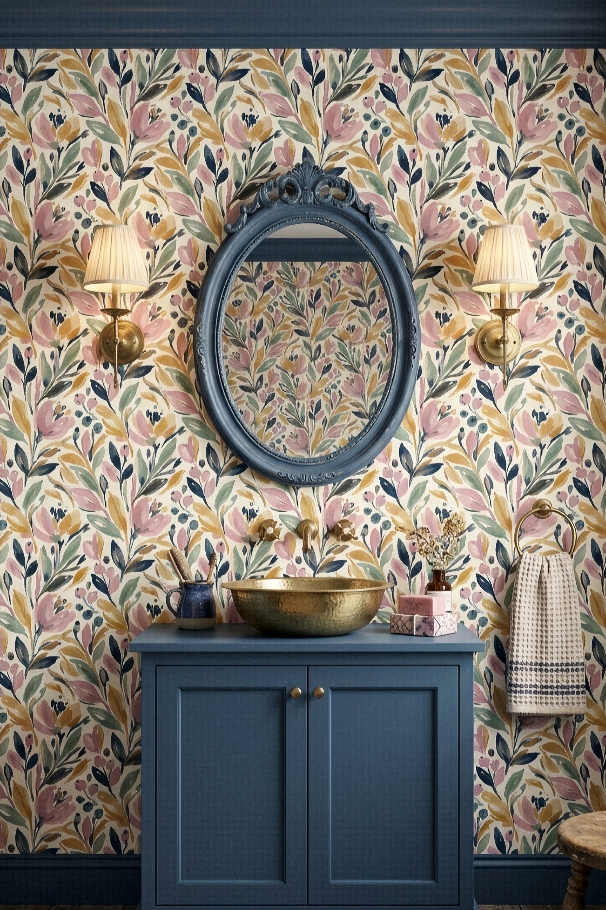 Cottage Posy wallpaper shown in a powder room
