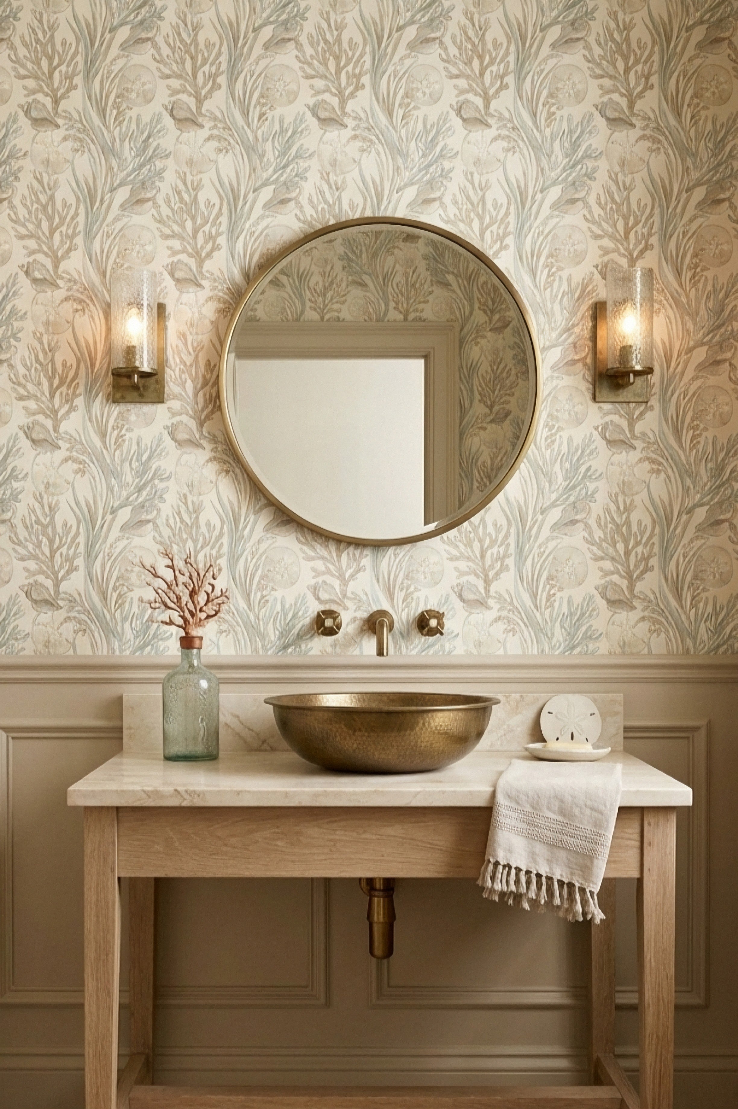 Sage Tide wallpaper shown in a powder room