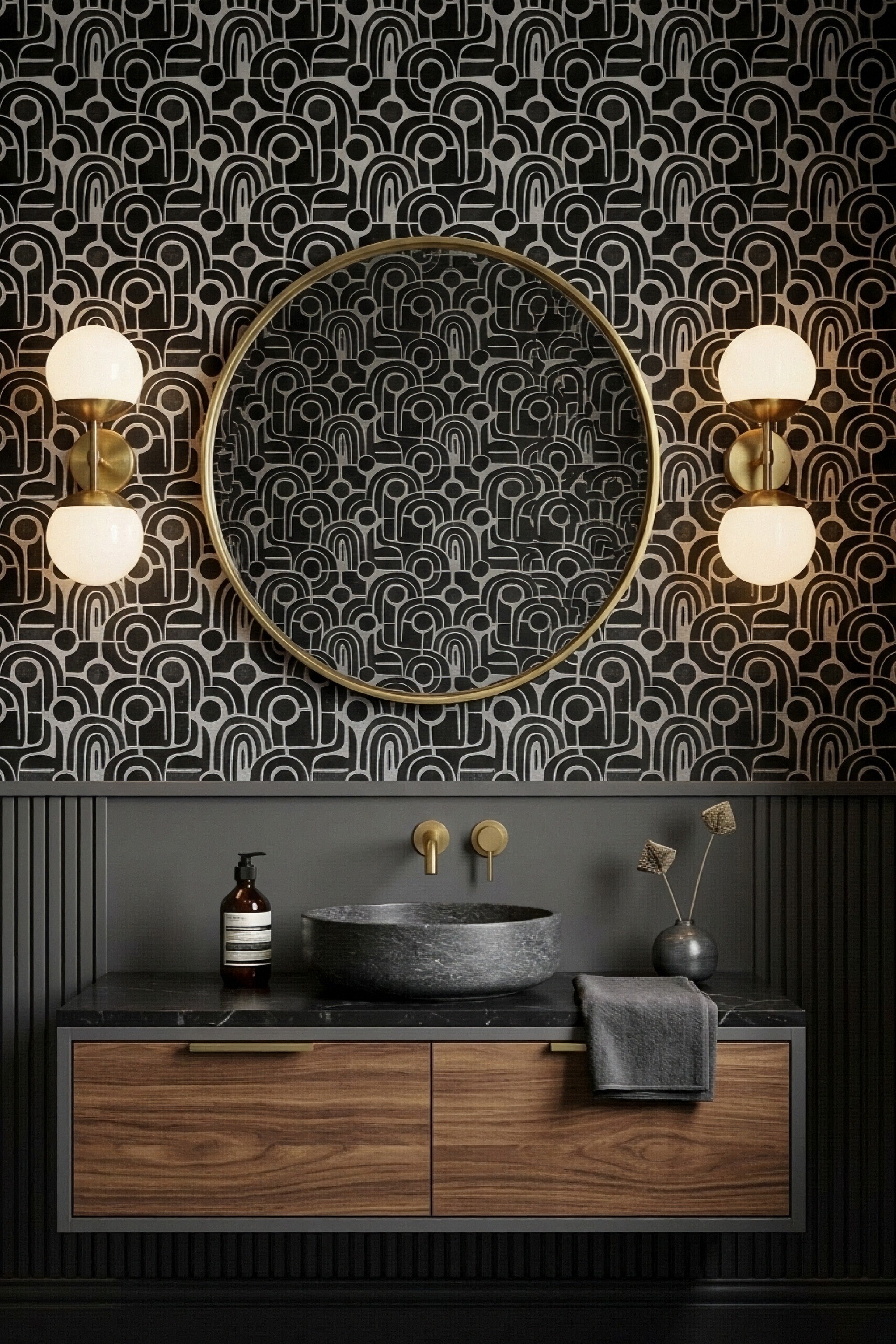 Bold Century wallpaper shown in a powder room