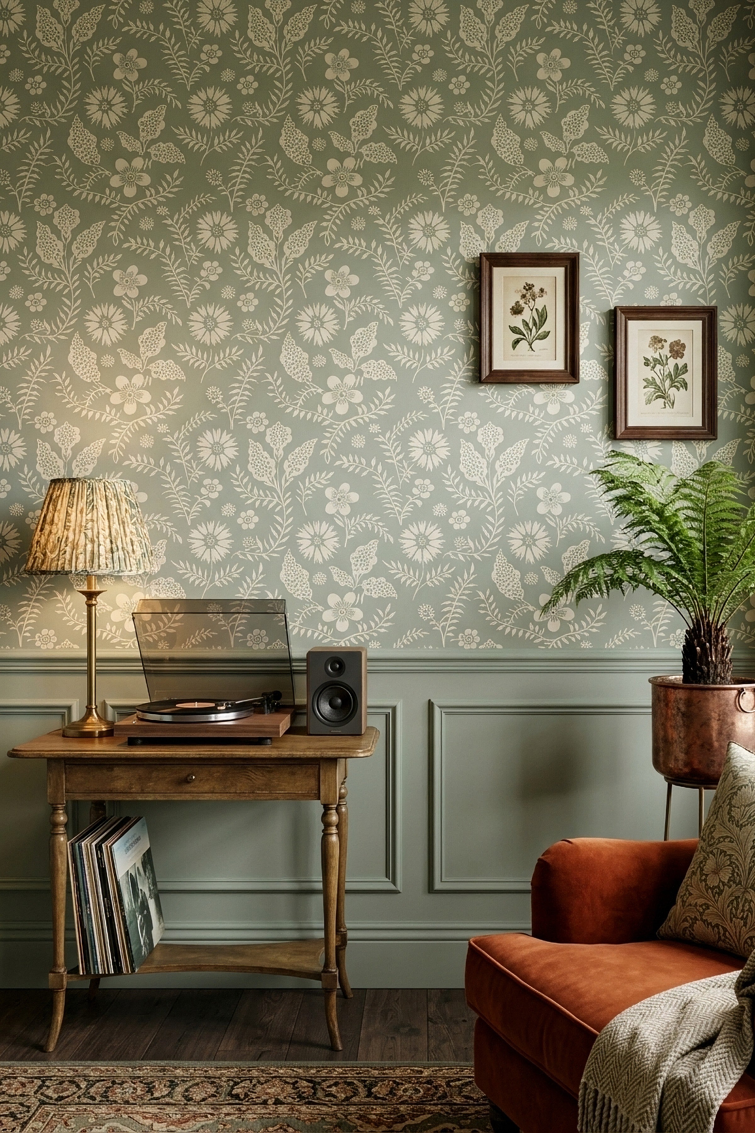 Meadow Mist wallpaper shown in a media room
