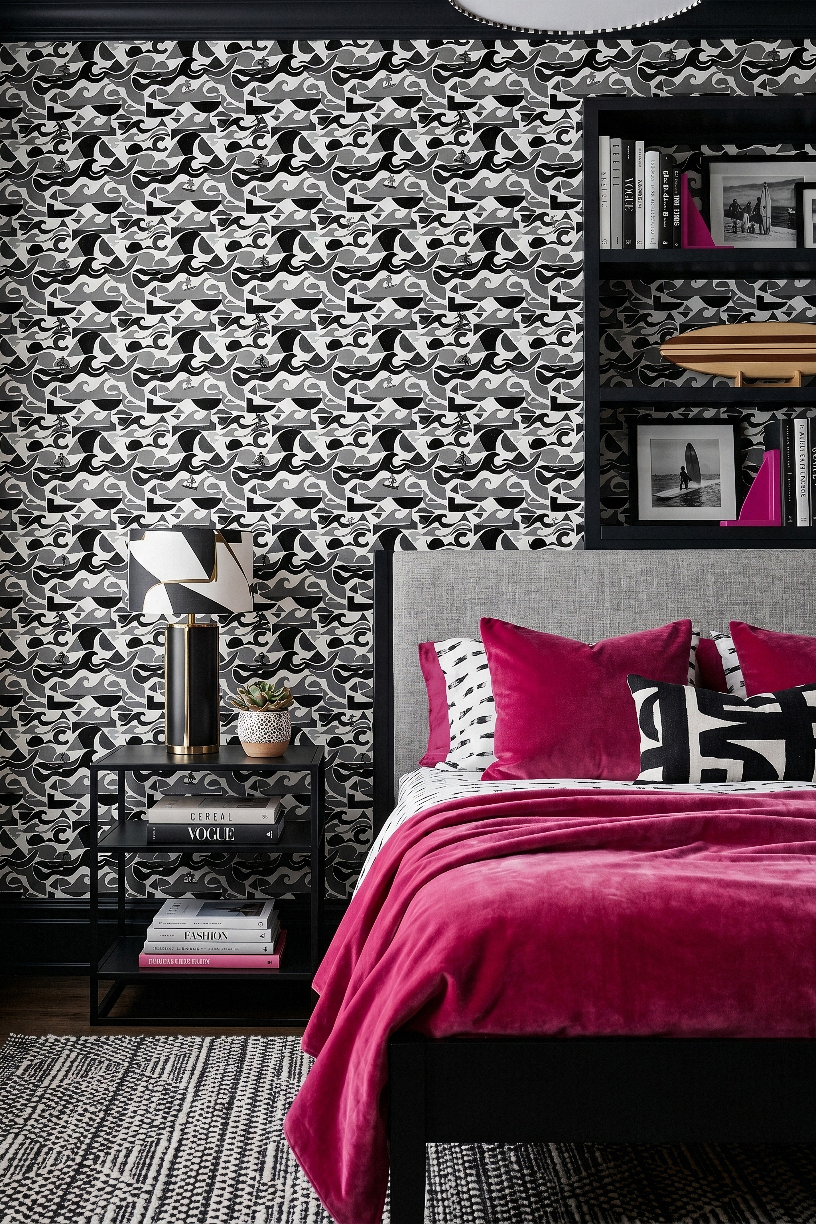Monochrome Surf wallpaper shown in a bedroom