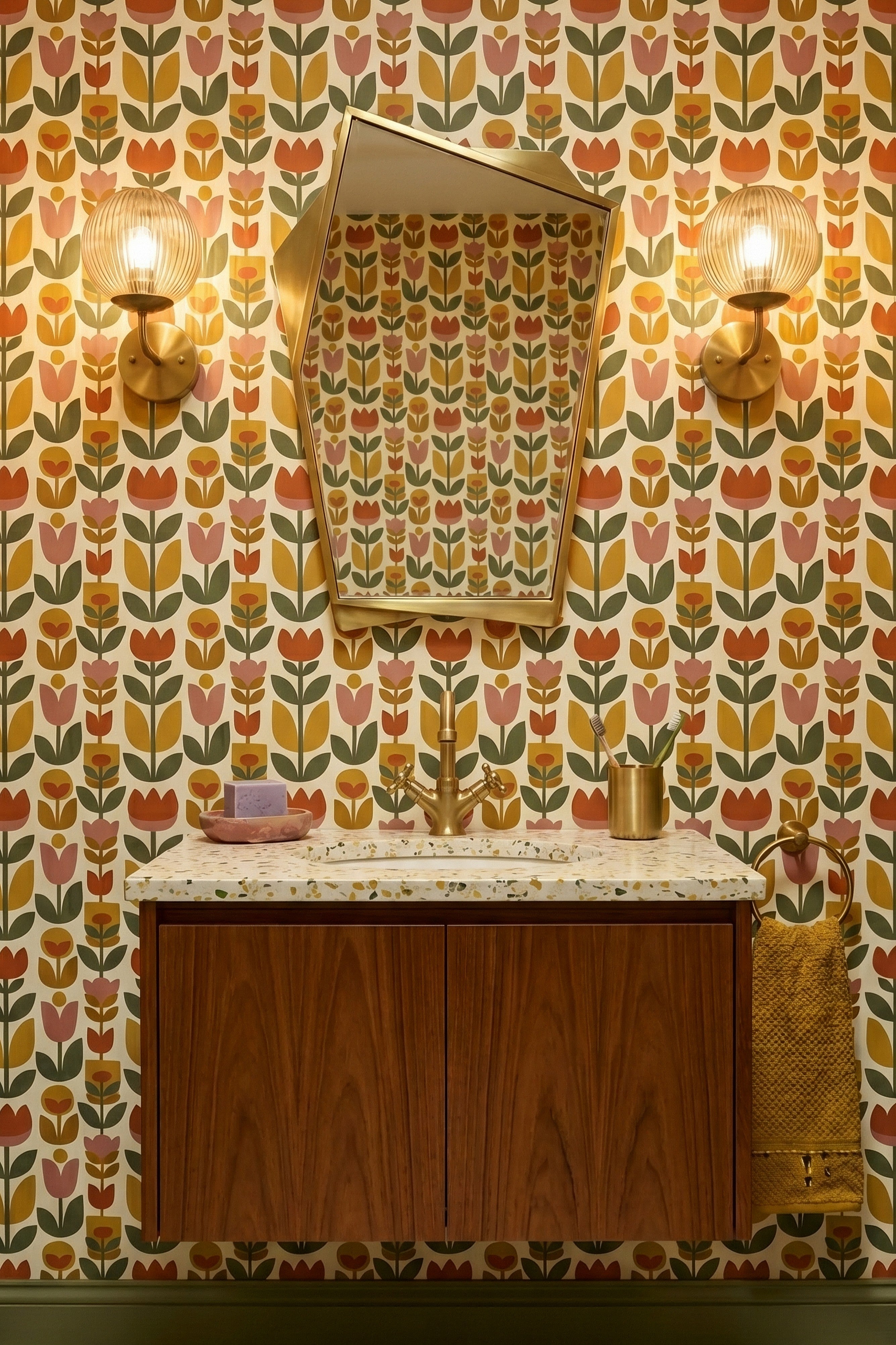 Amber Tulip wallpaper shown in a powder room