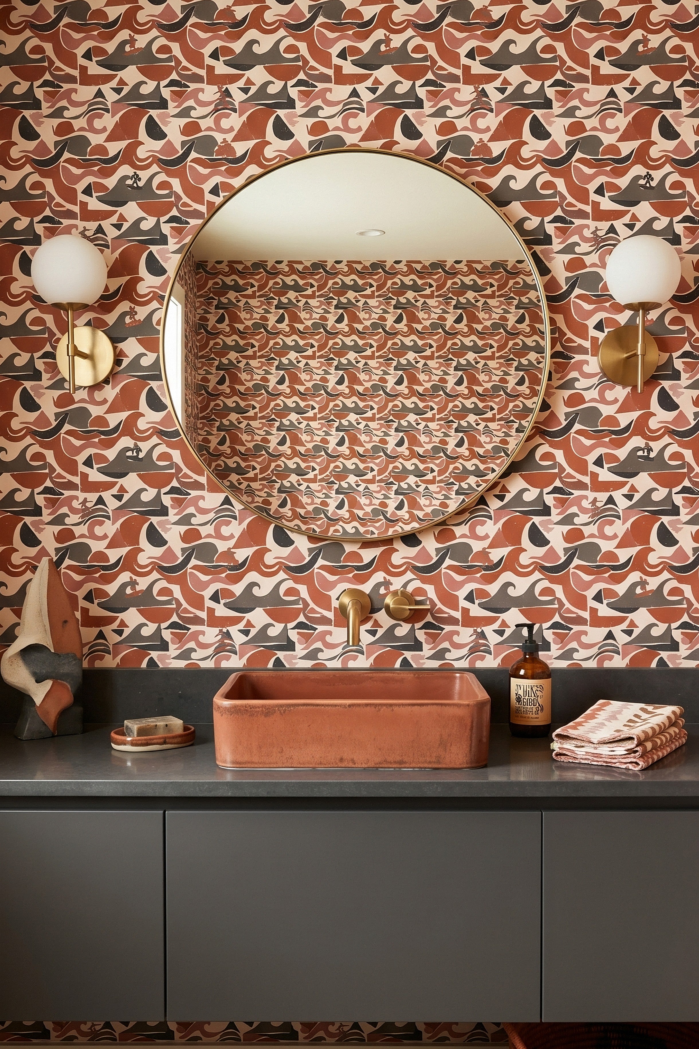 Desert Wave wallpaper shown in a powder room