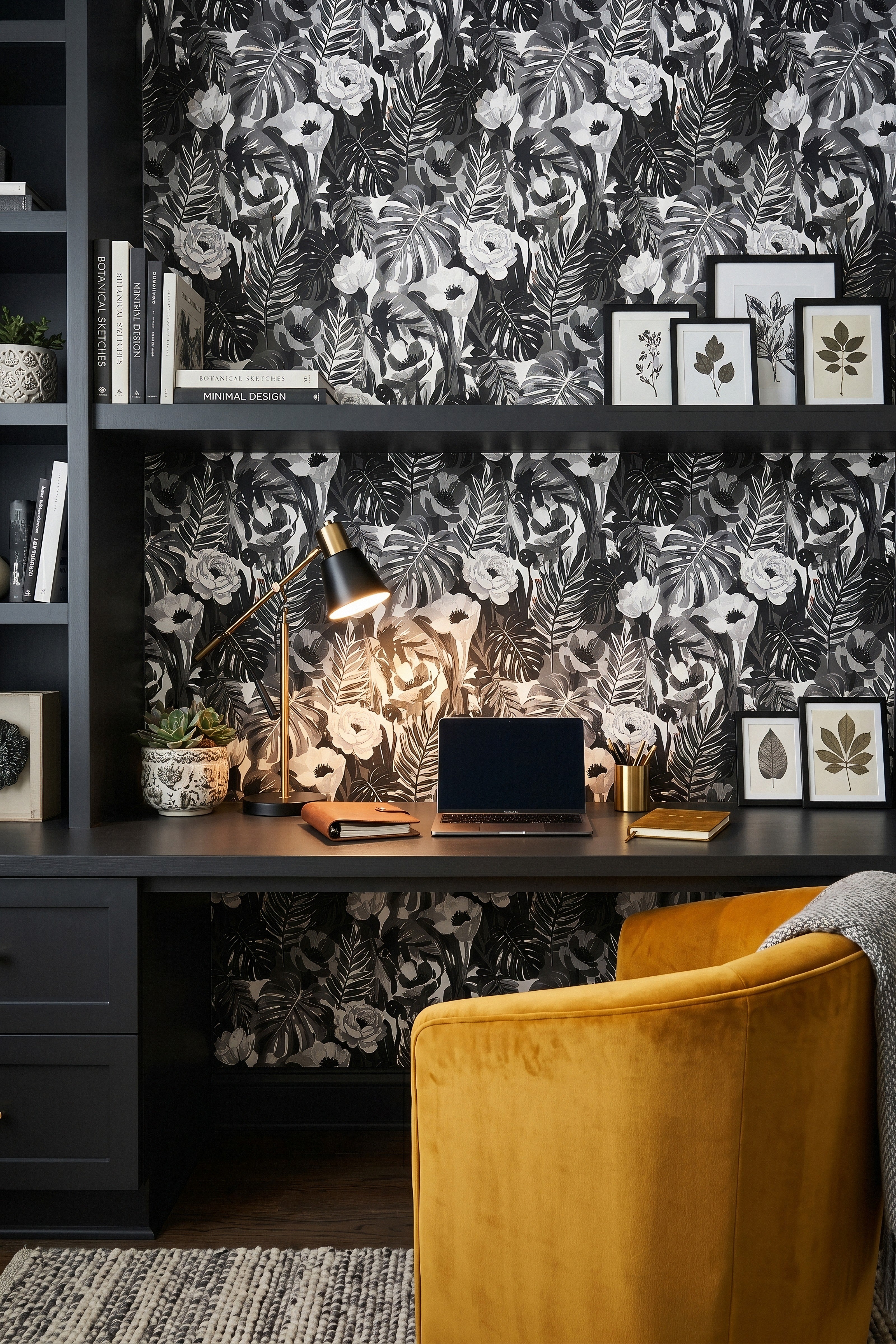Tropic Noir wallpaper shown in a home office