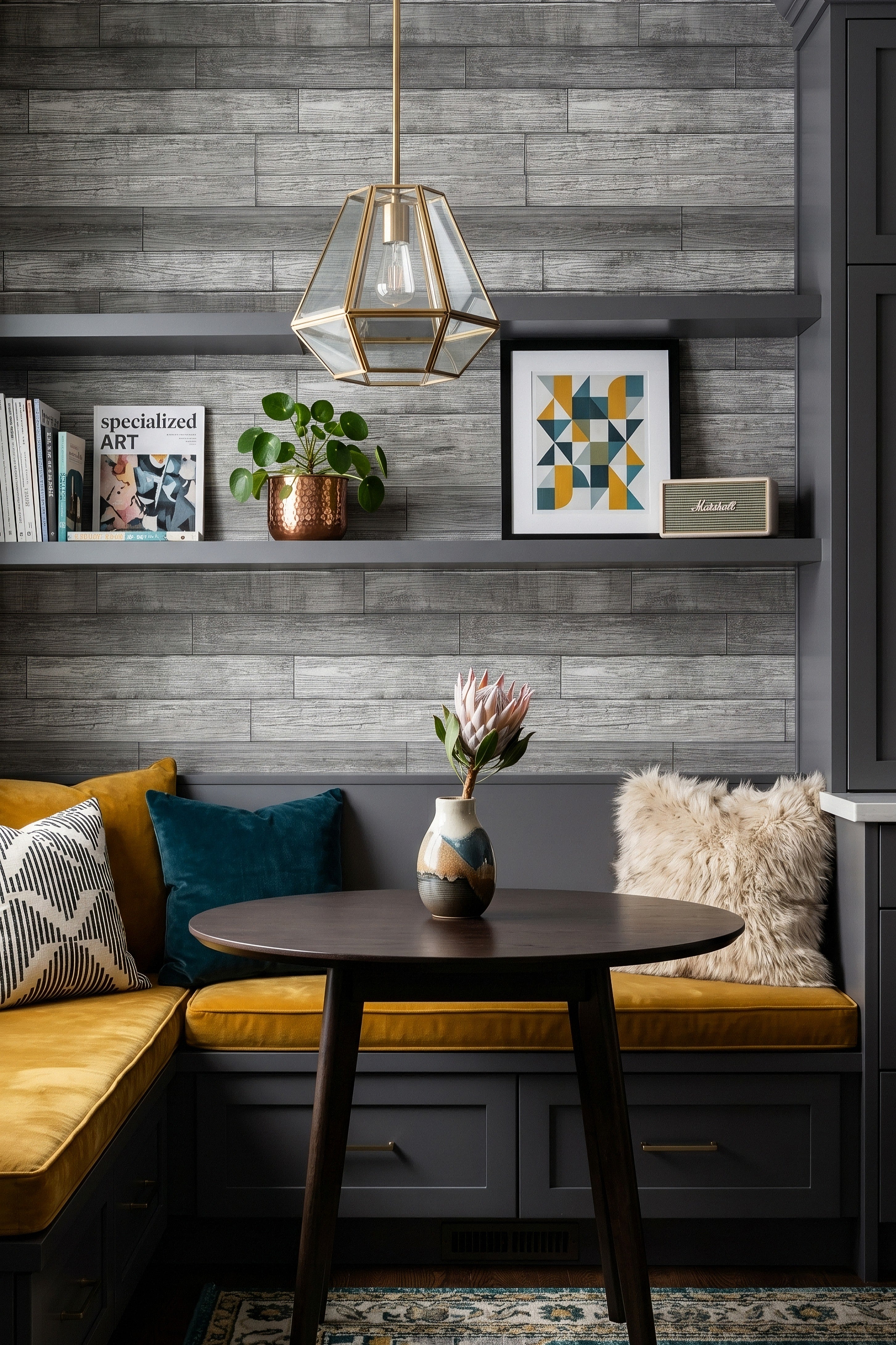 Shiplap wallpaper shown in a kitchen nook