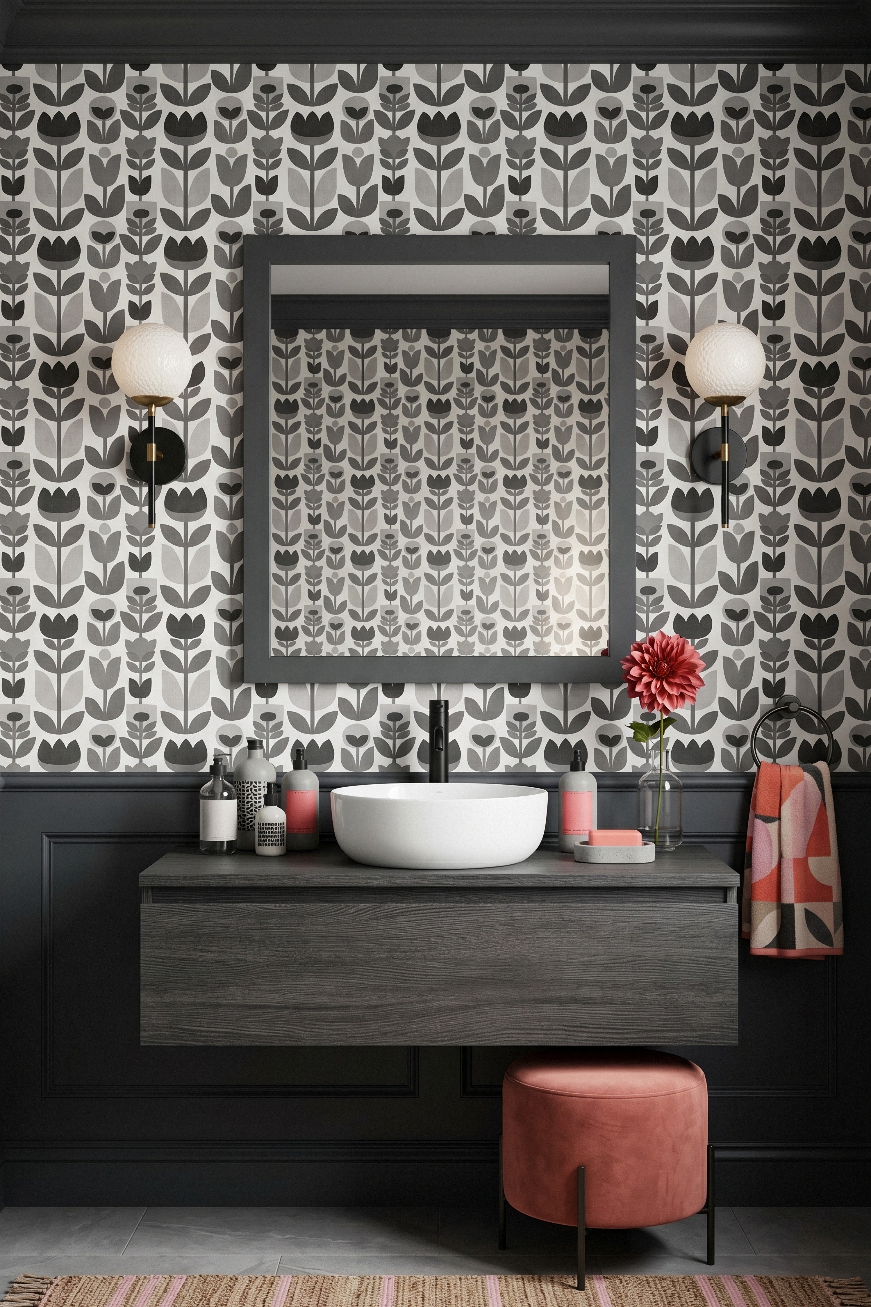 Tulip Noir wallpaper shown in a powder room