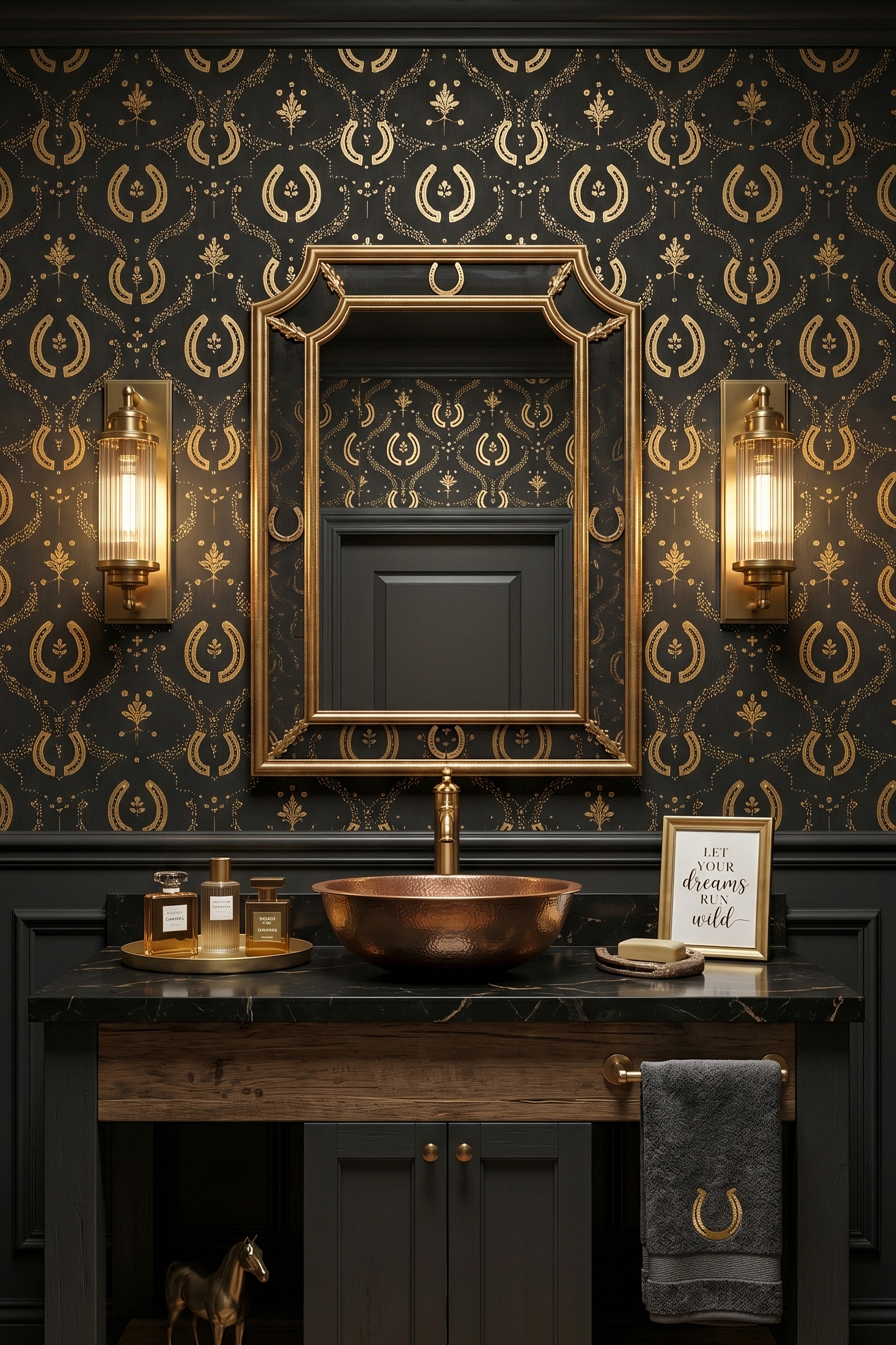 Gilded Rodeo wallpaper shown in a powder room