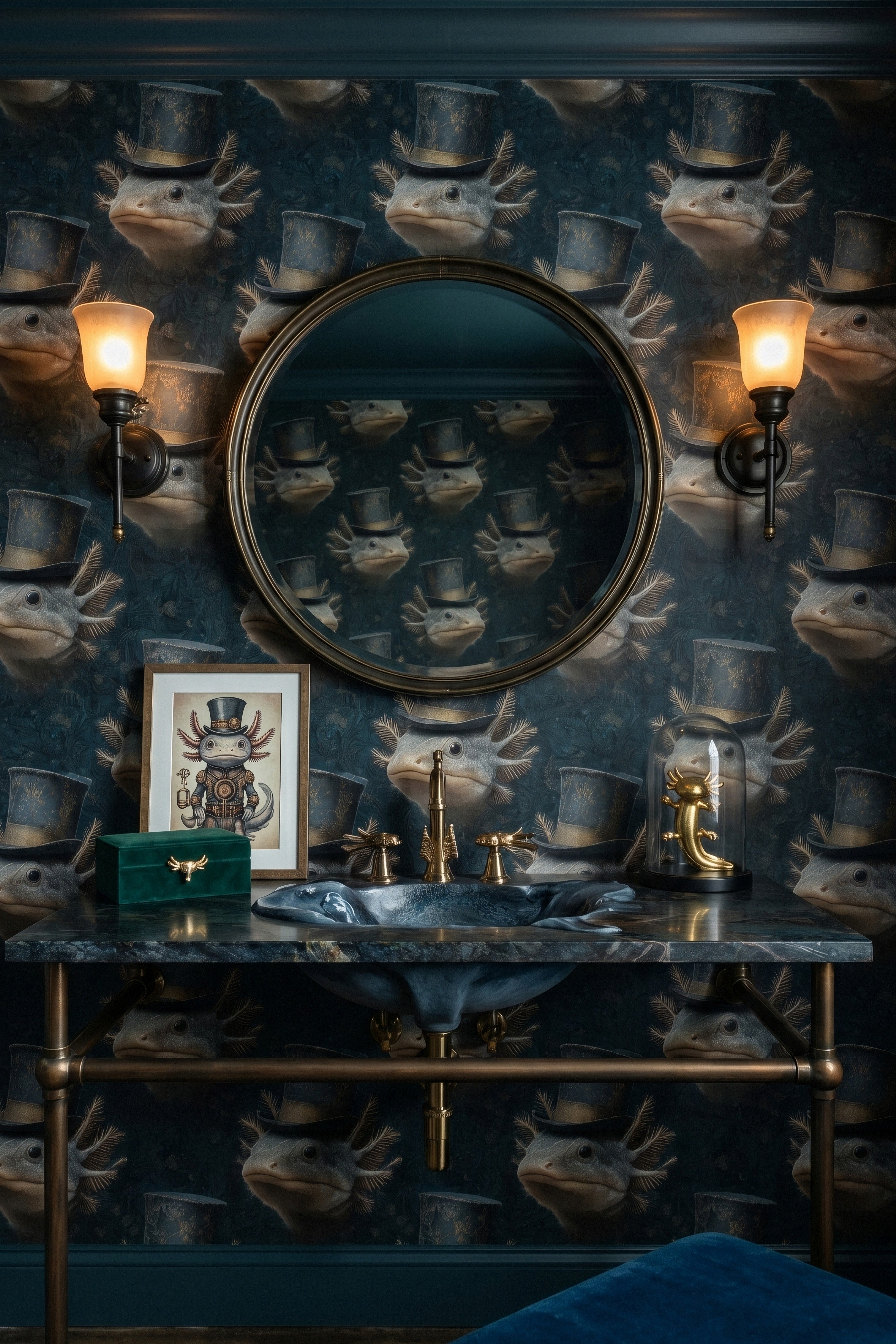 Dapper Axolotl wallpaper shown in a powder room