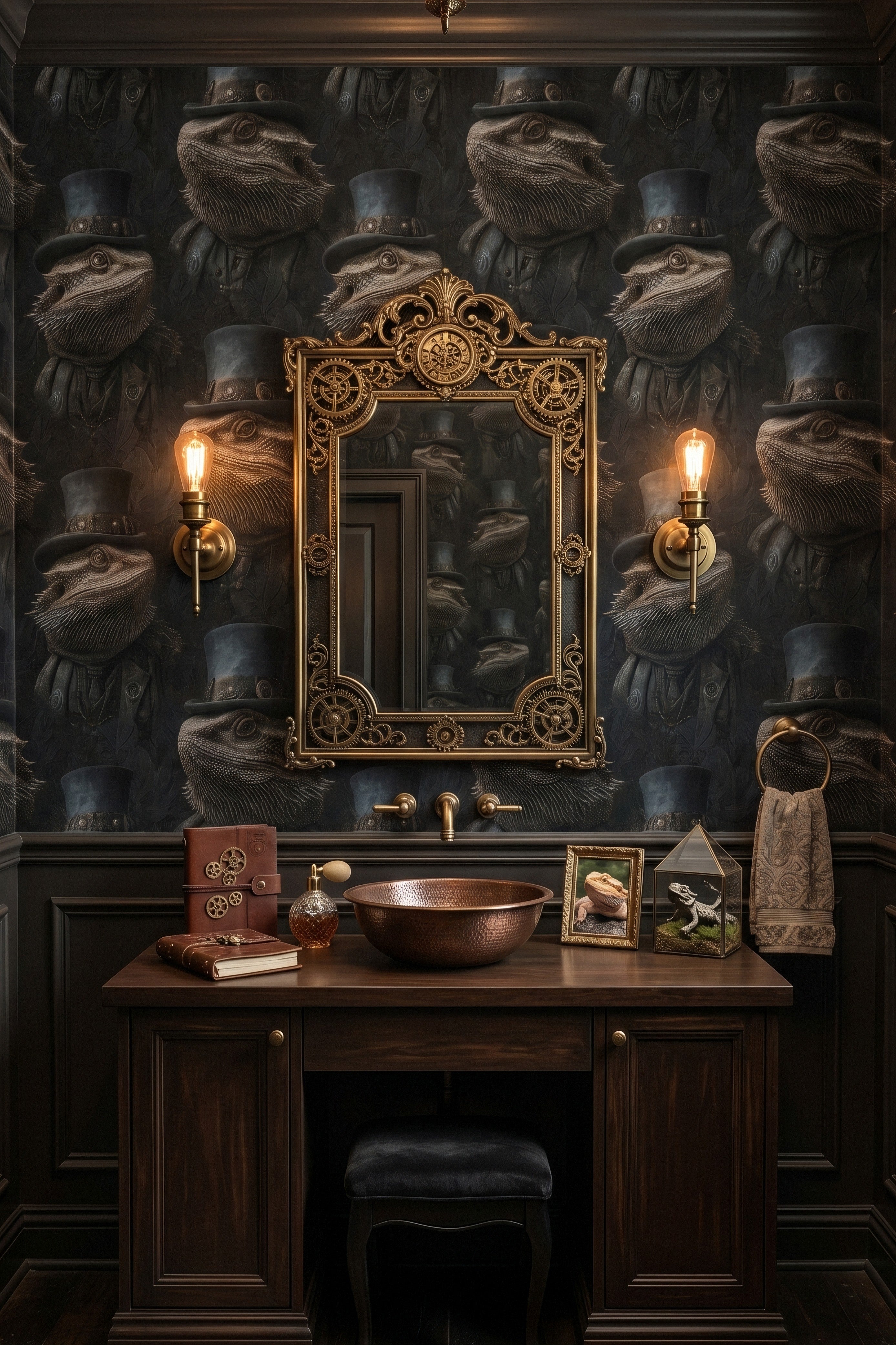 Dapper Dragon wallpaper shown in a powder room
