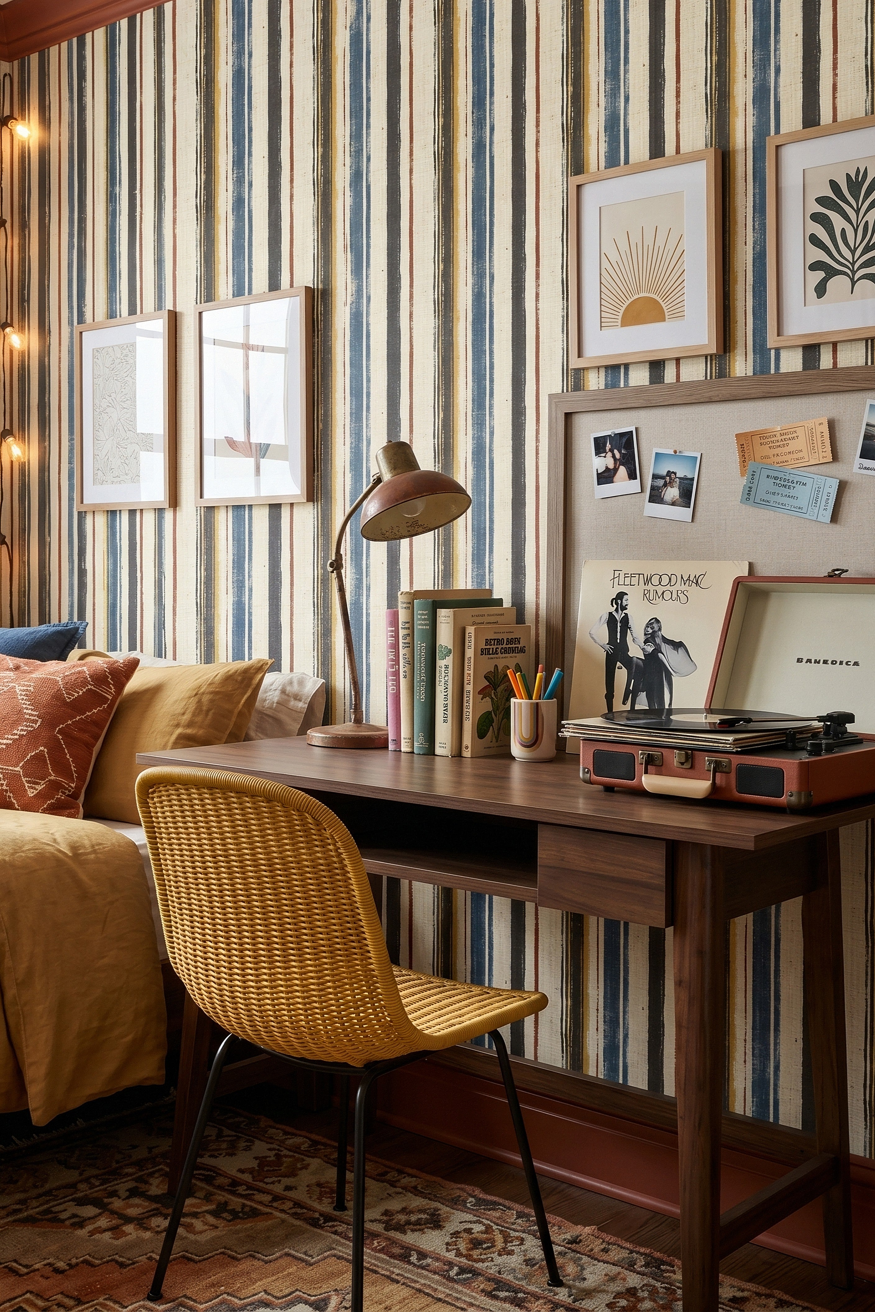 Bluebird Stripe wallpaper shown in a home office
