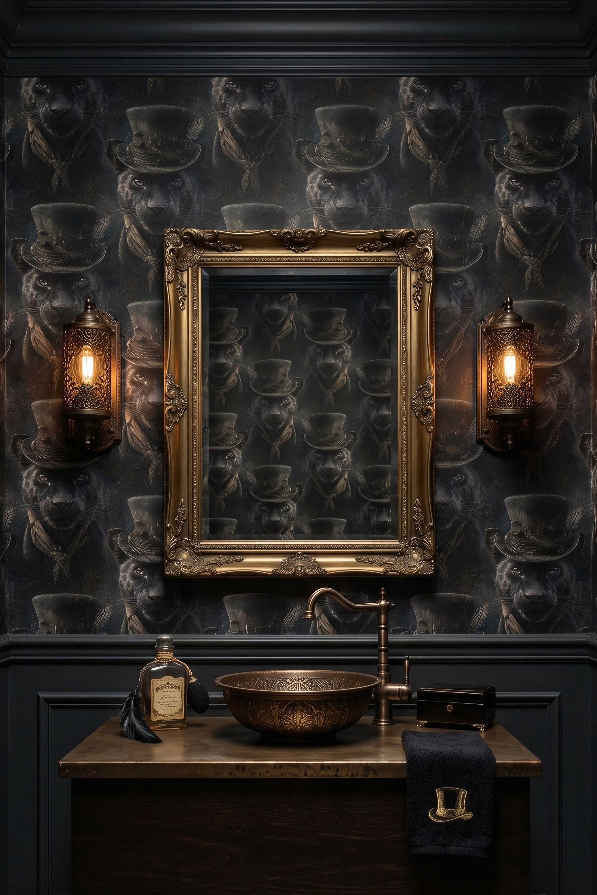 Dapper Panther wallpaper shown in a powder room