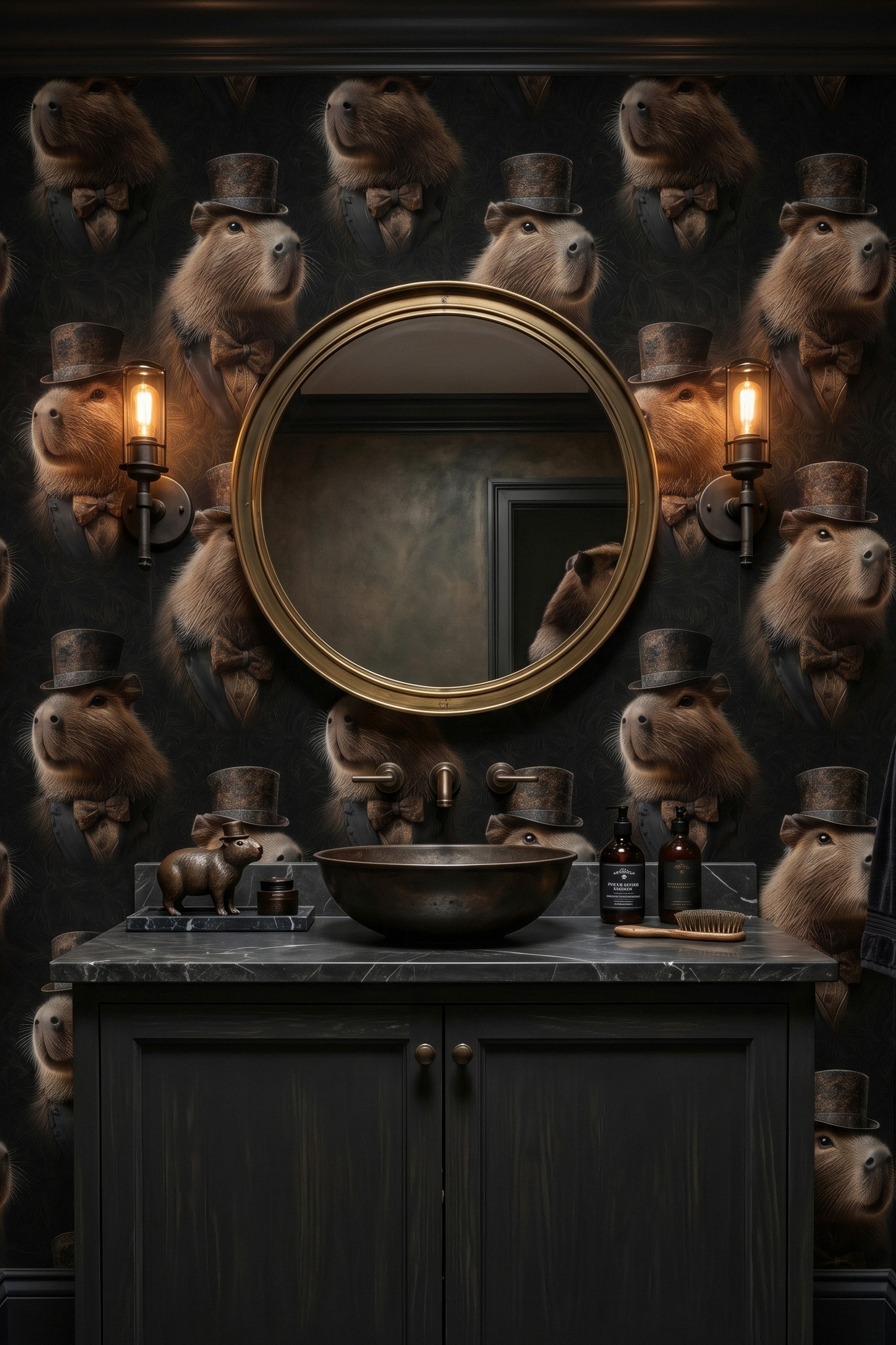 Dapper Capybara wallpaper shown in a powder room