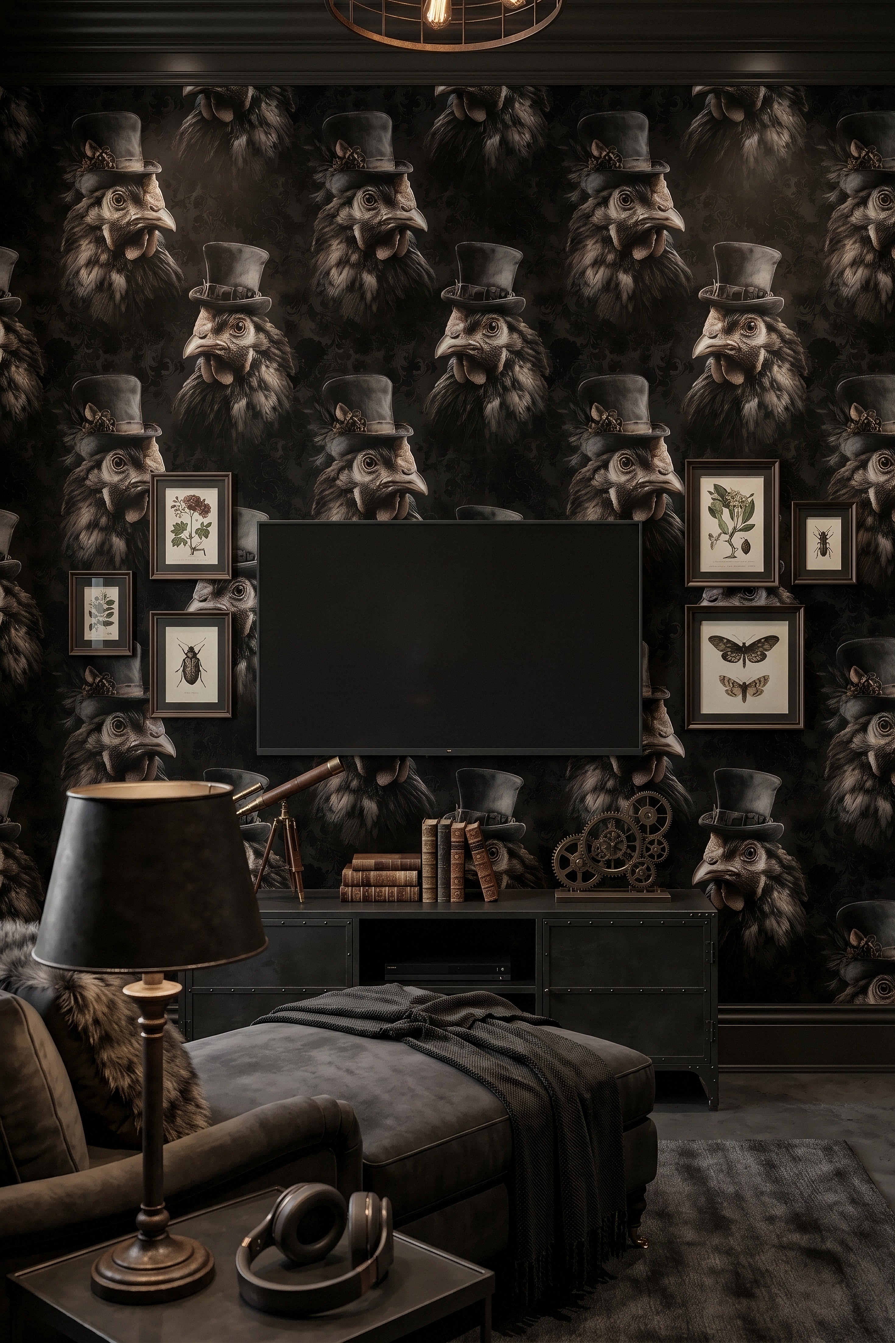 Dapper Hen wallpaper shown in a media room