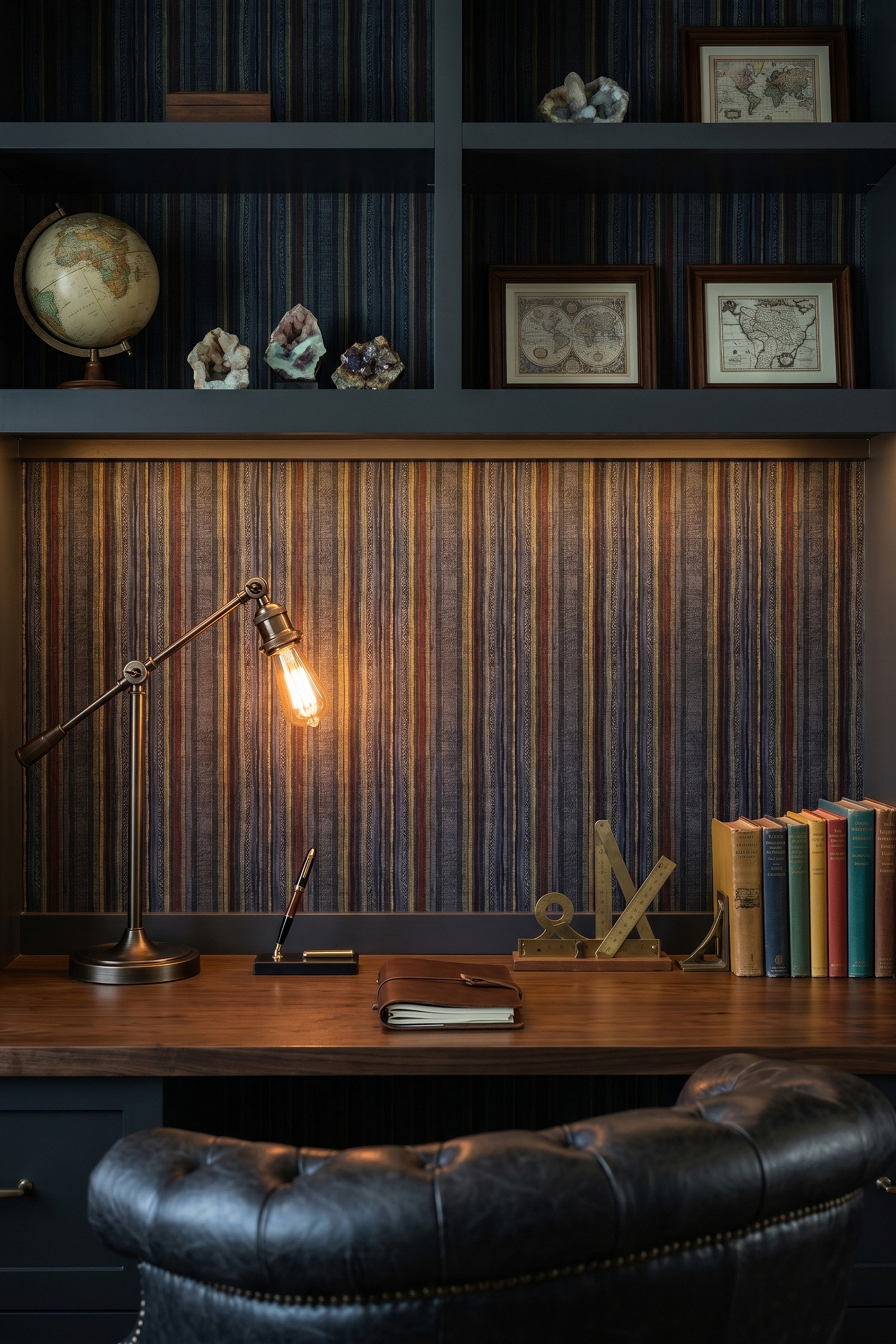 Harvest Stripe wallpaper shown in a home office