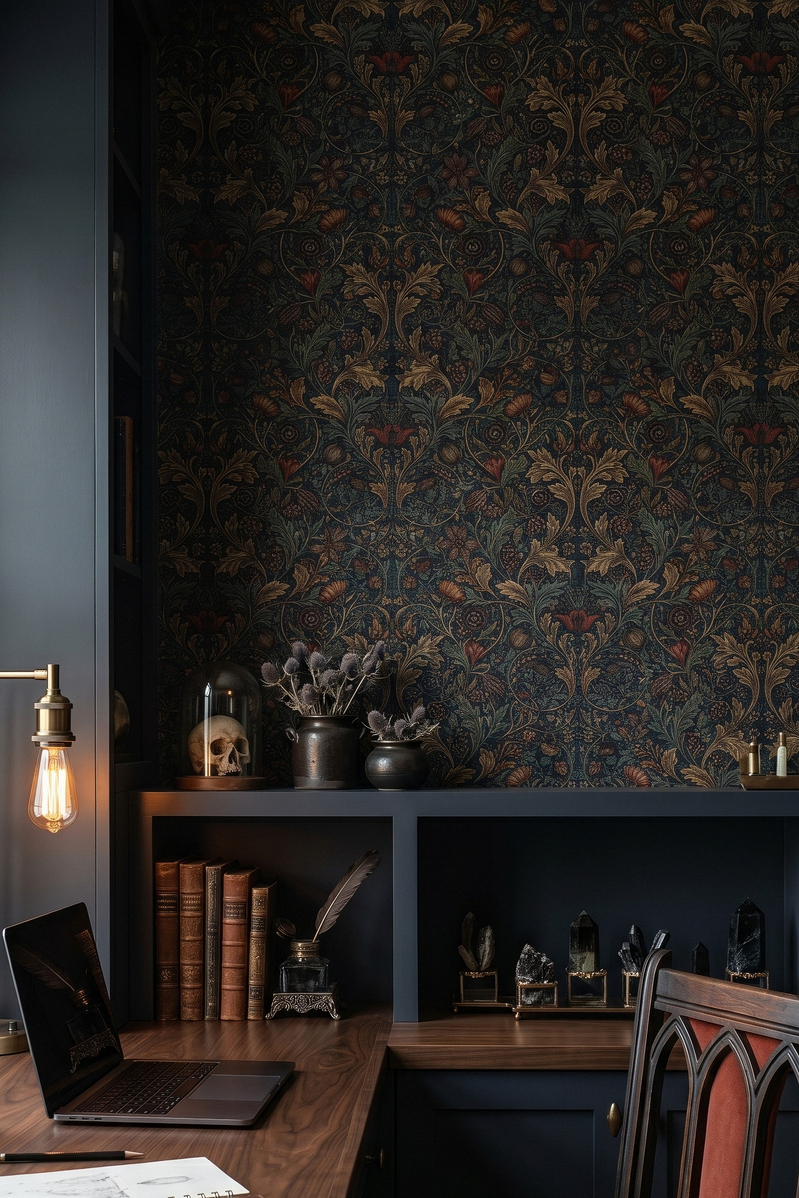 Morris Vineyard wallpaper shown in a home office