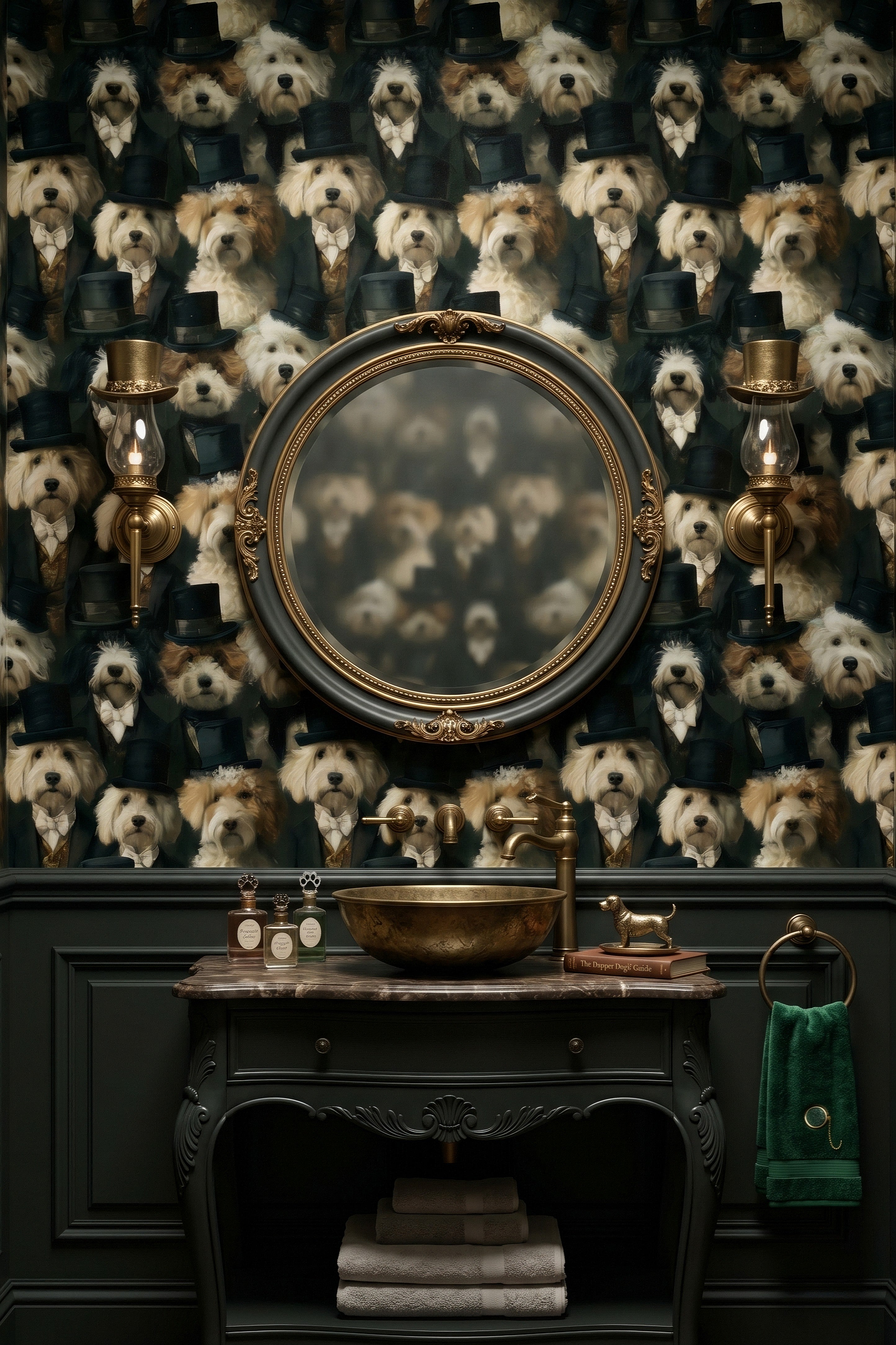 Dapper Dogs wallpaper shown in a powder room