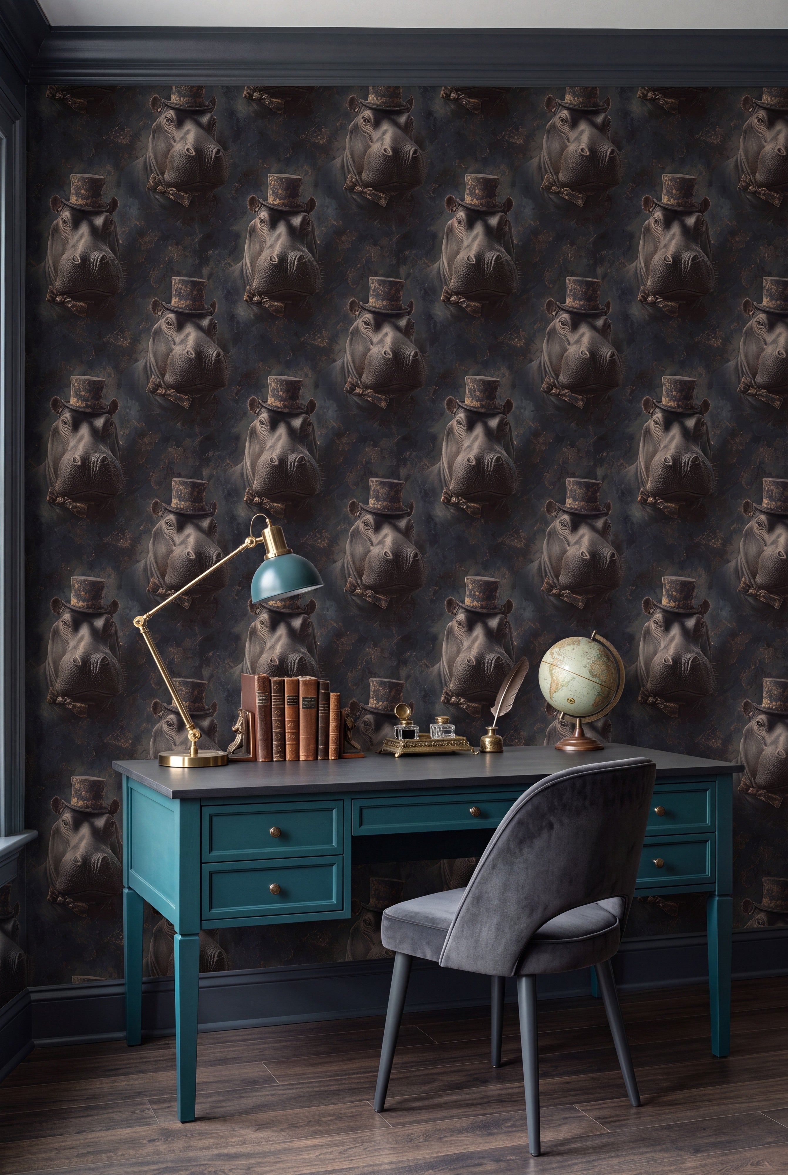 River Baron wallpaper shown in a home office