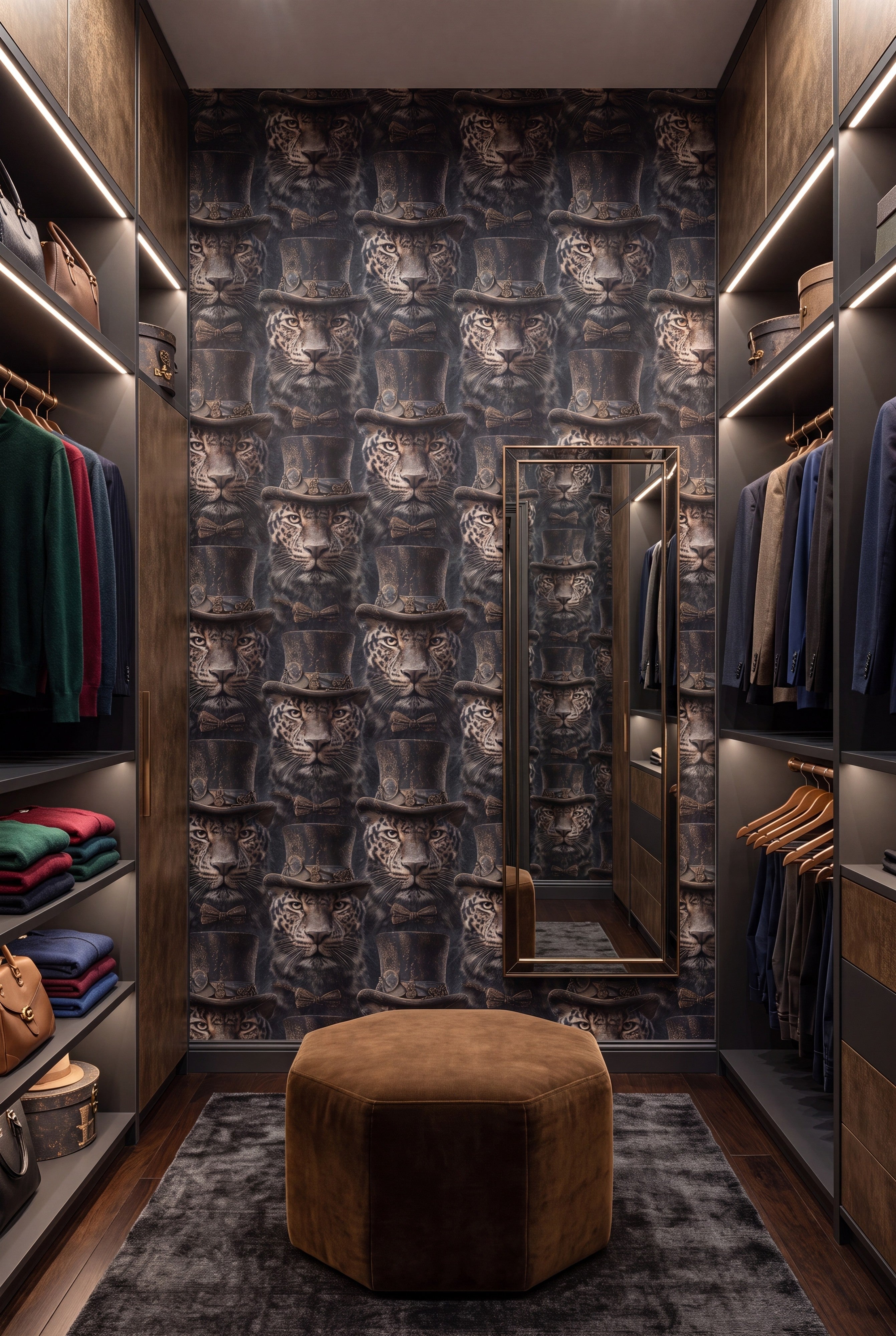 Rosette Royal wallpaper shown in a walk-in closet