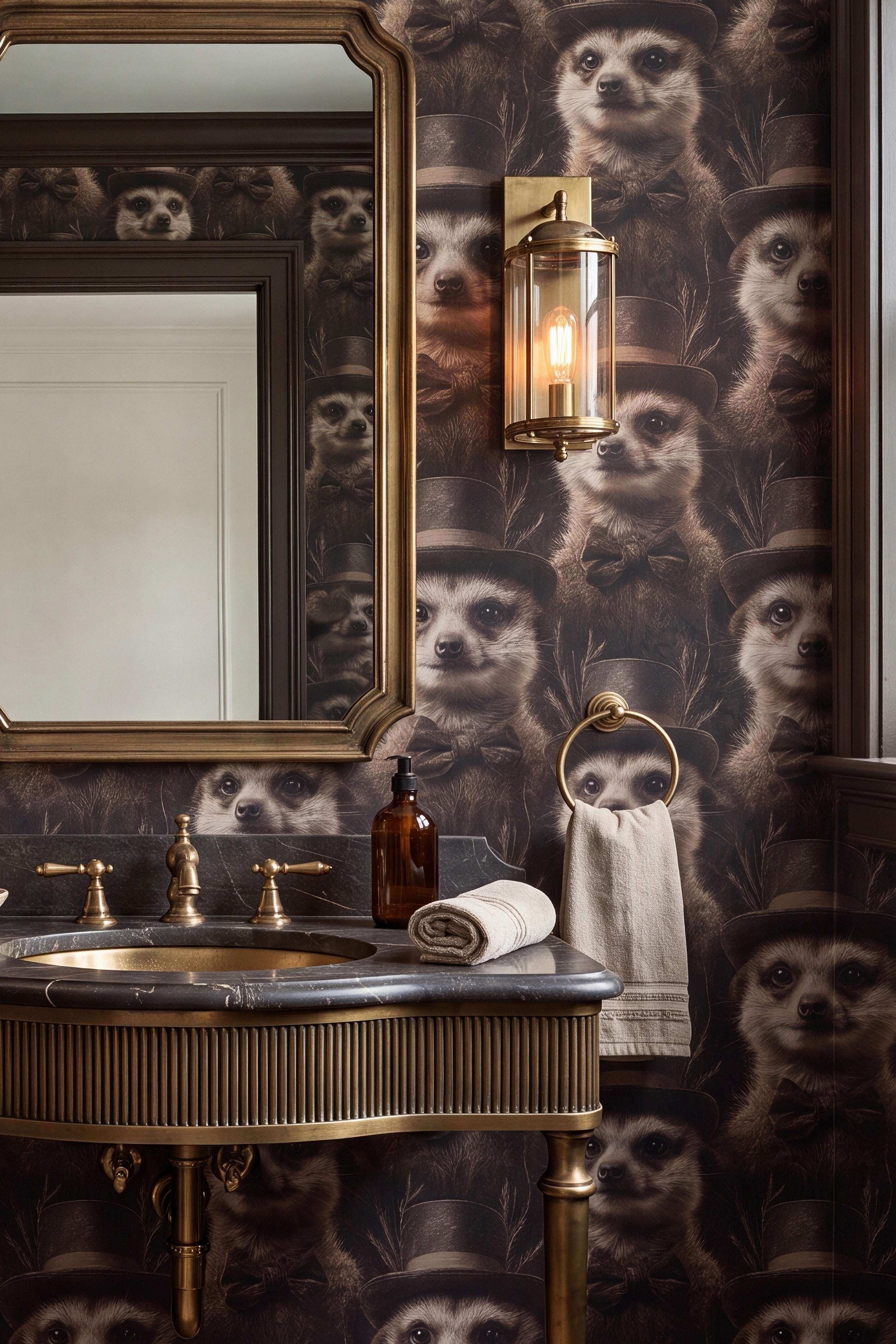 The Lookout wallpaper shown in a powder room