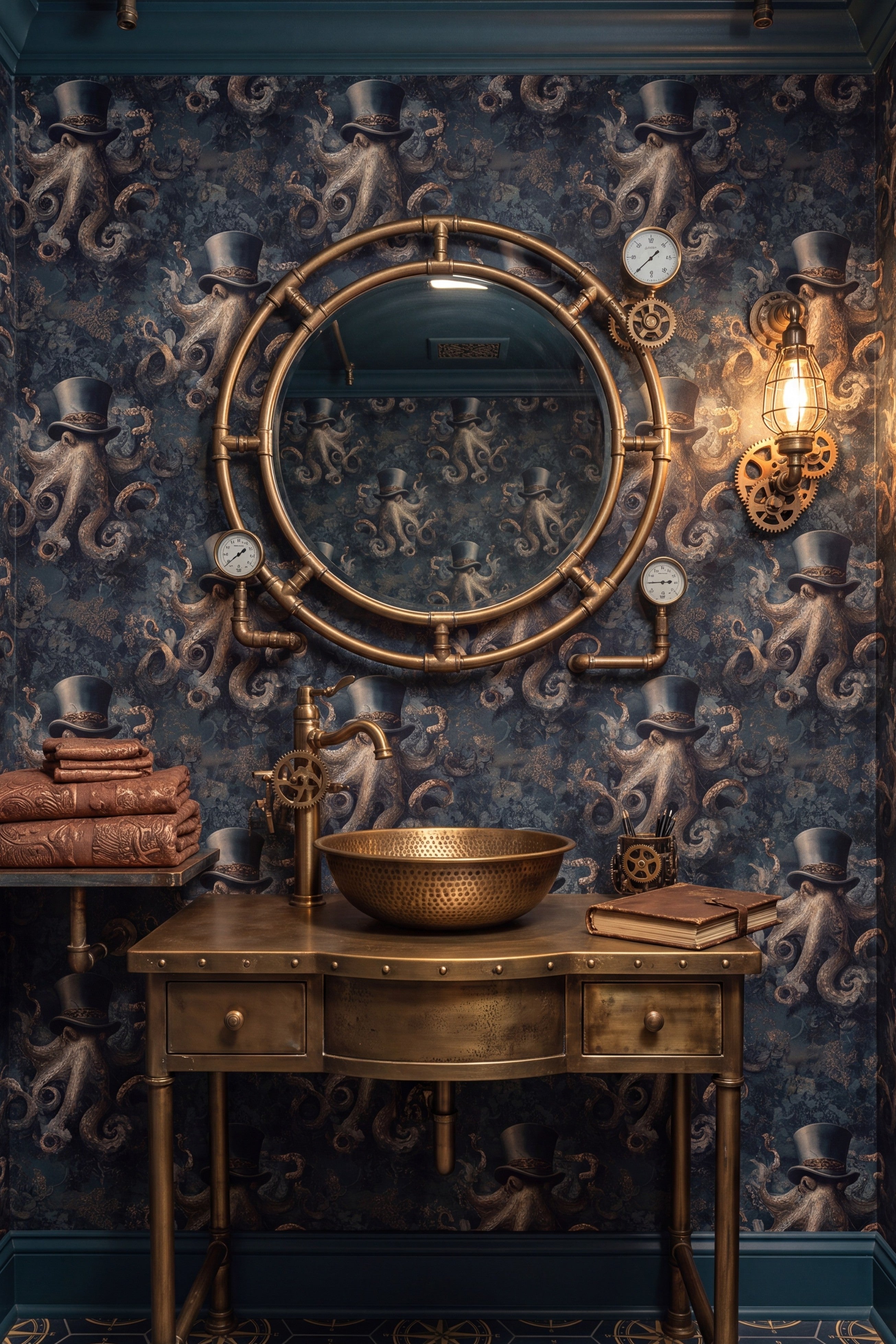 The Navigator wallpaper shown in a powder room